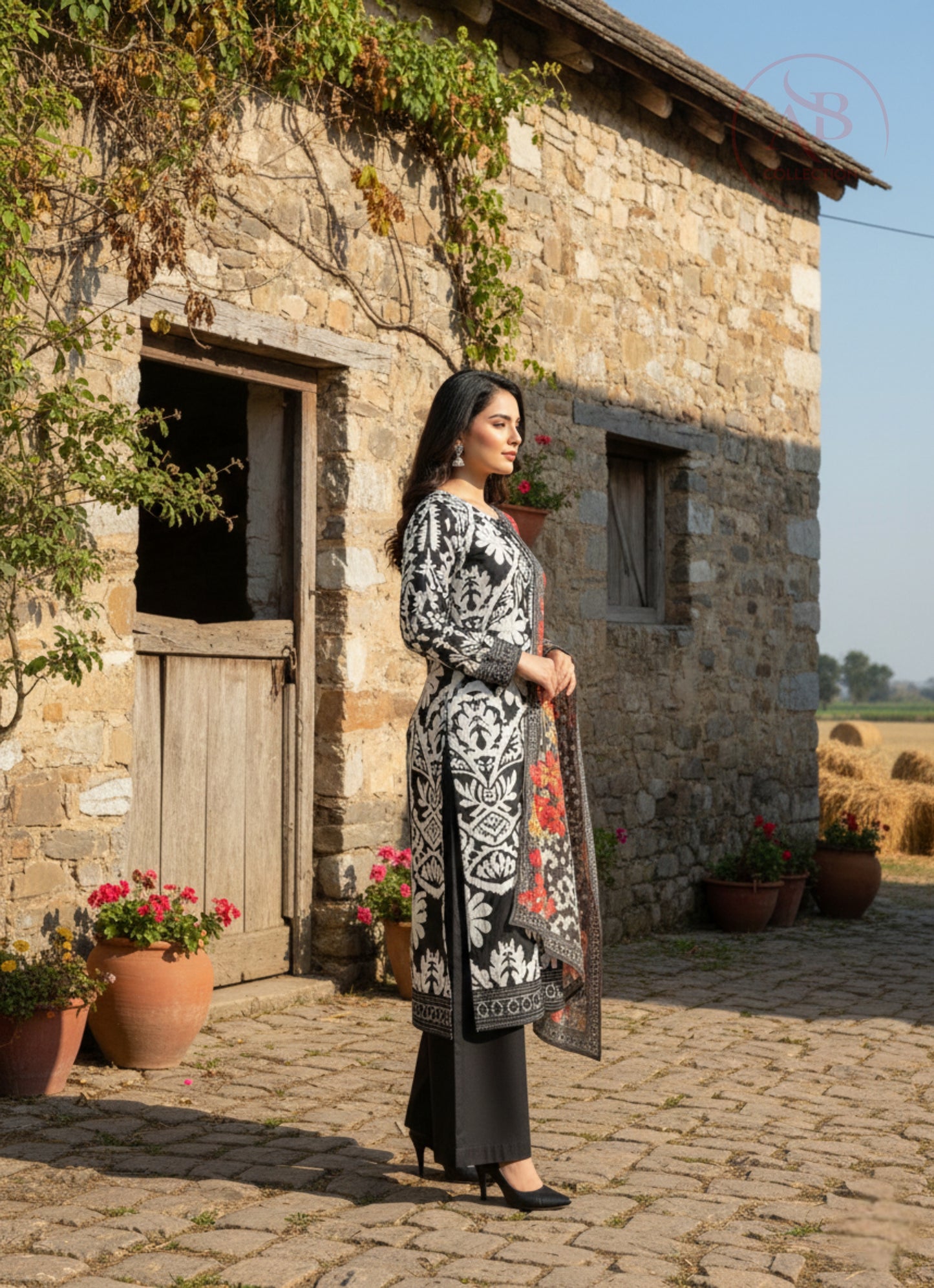 3-Piece Monochrome Lawn Suit with Floral Contrast Dupatta