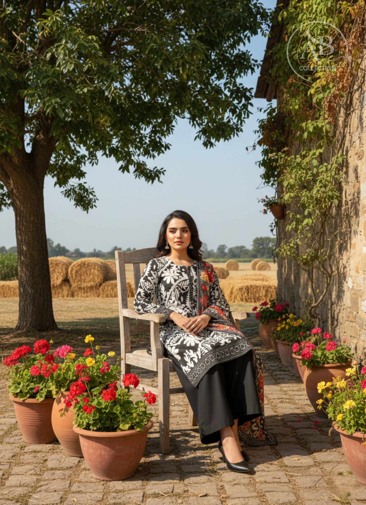 3-Piece Monochrome Lawn Suit with Floral Contrast Dupatta