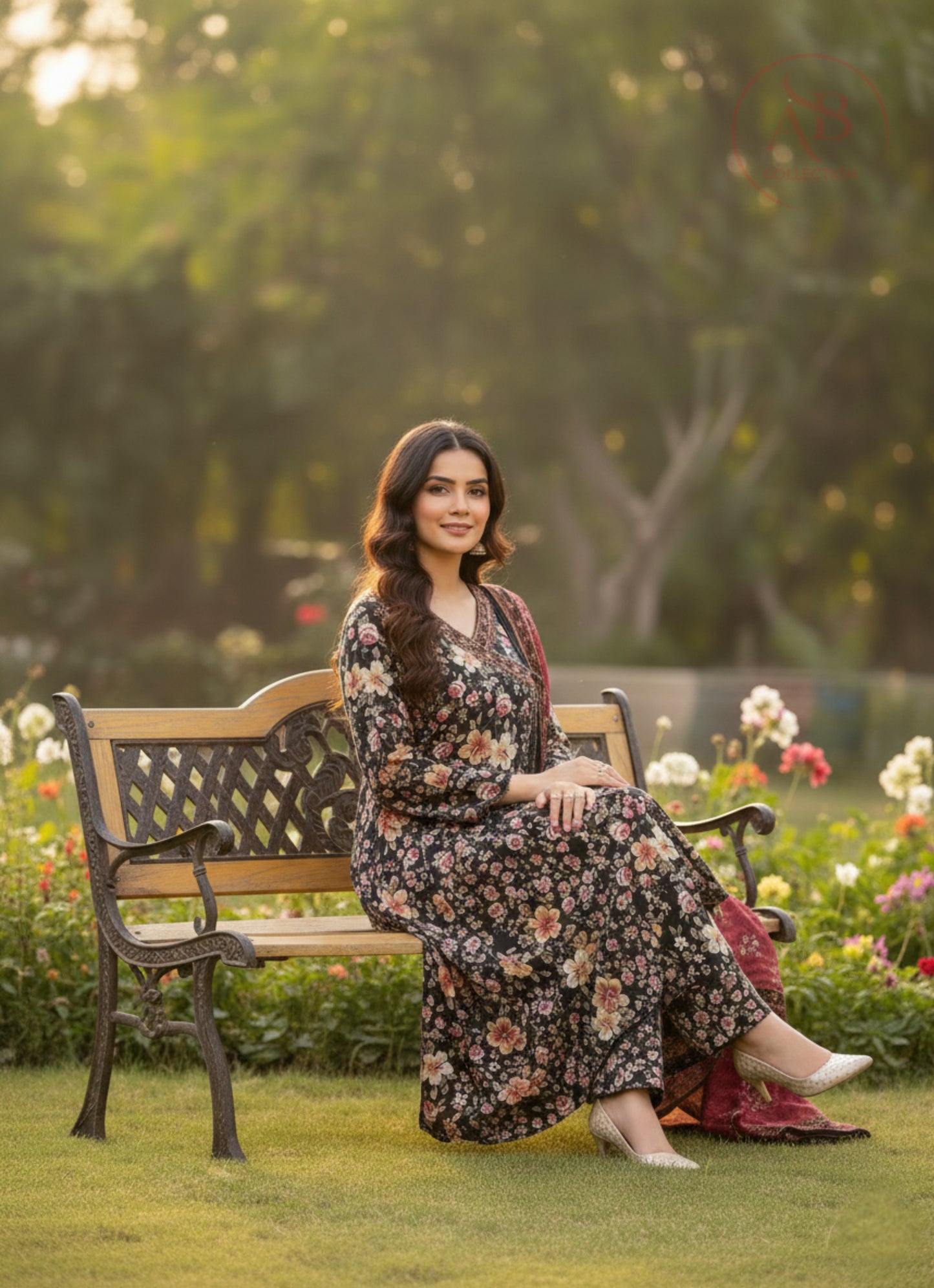 Bin Saeed Floral Angrakha Frock Premium Lawn Collection (Black & Maroon)