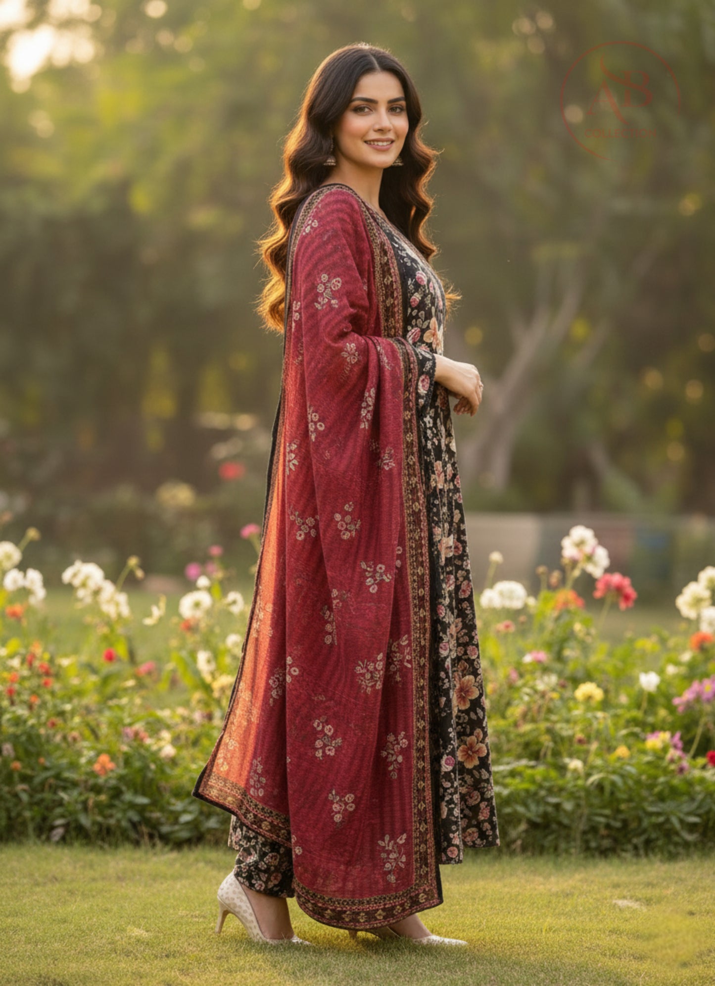 Bin Saeed Floral Angrakha Frock Premium Lawn Collection (Black & Maroon)