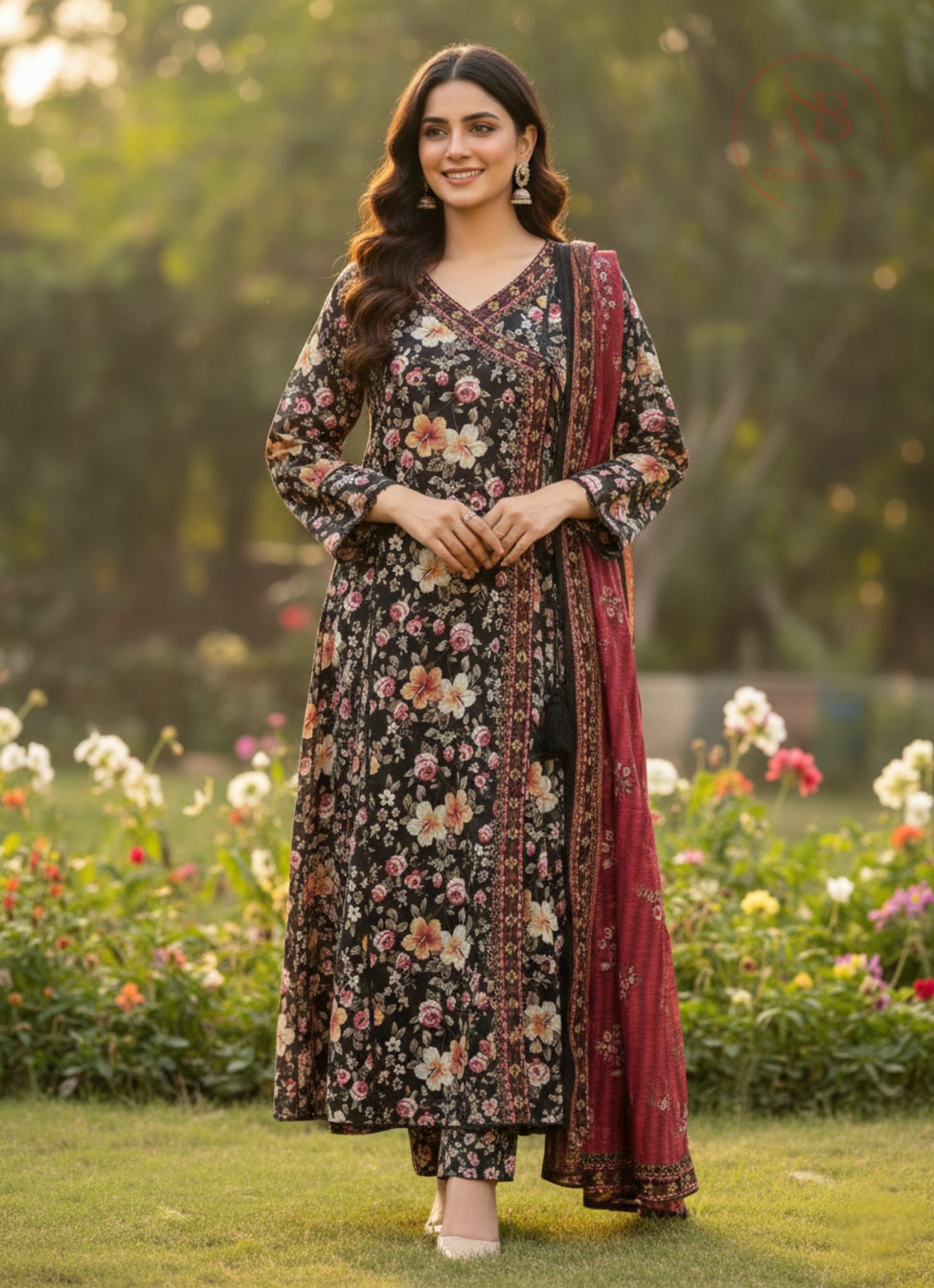 Bin Saeed Floral Angrakha Frock Premium Lawn Collection (Black & Maroon)