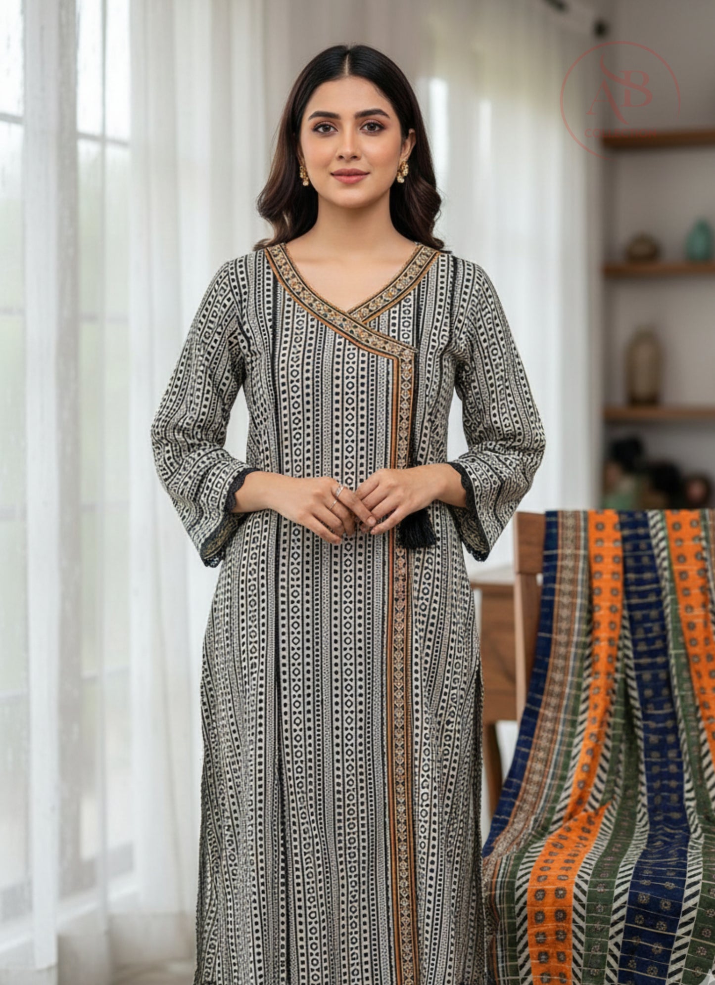Bin Saeed Designer Angrakha Lawn Frock Black and white pattern design