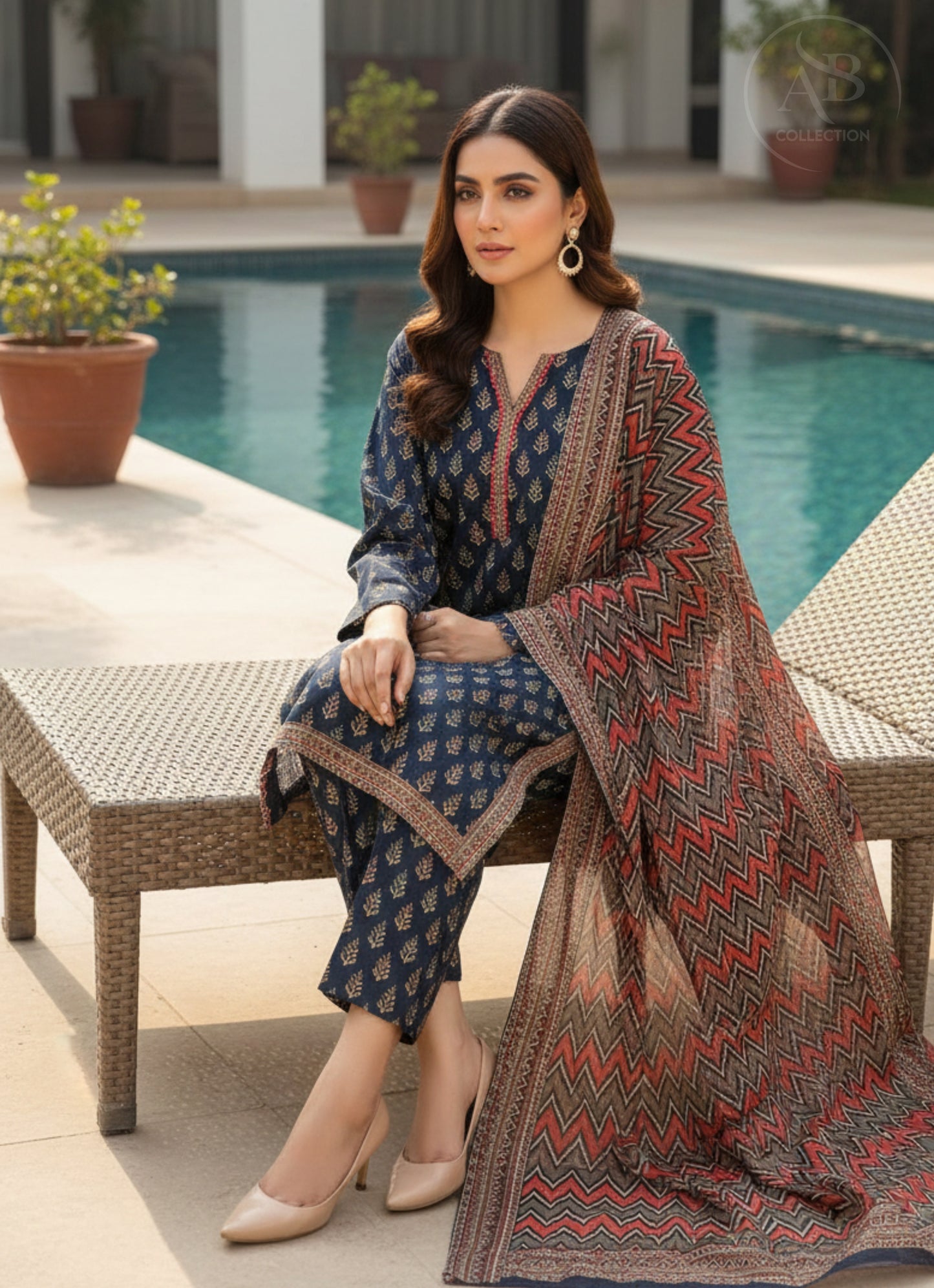 Premium Blue Lawn 3-Piece Intricate Gold Print with Zig-Zag Chiffon Dupatta