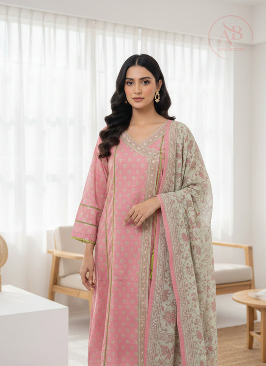 Bin Saeed Pink Floral Lawn Angrakha Frock Soft Pastel Tones with Lime Green Accents
