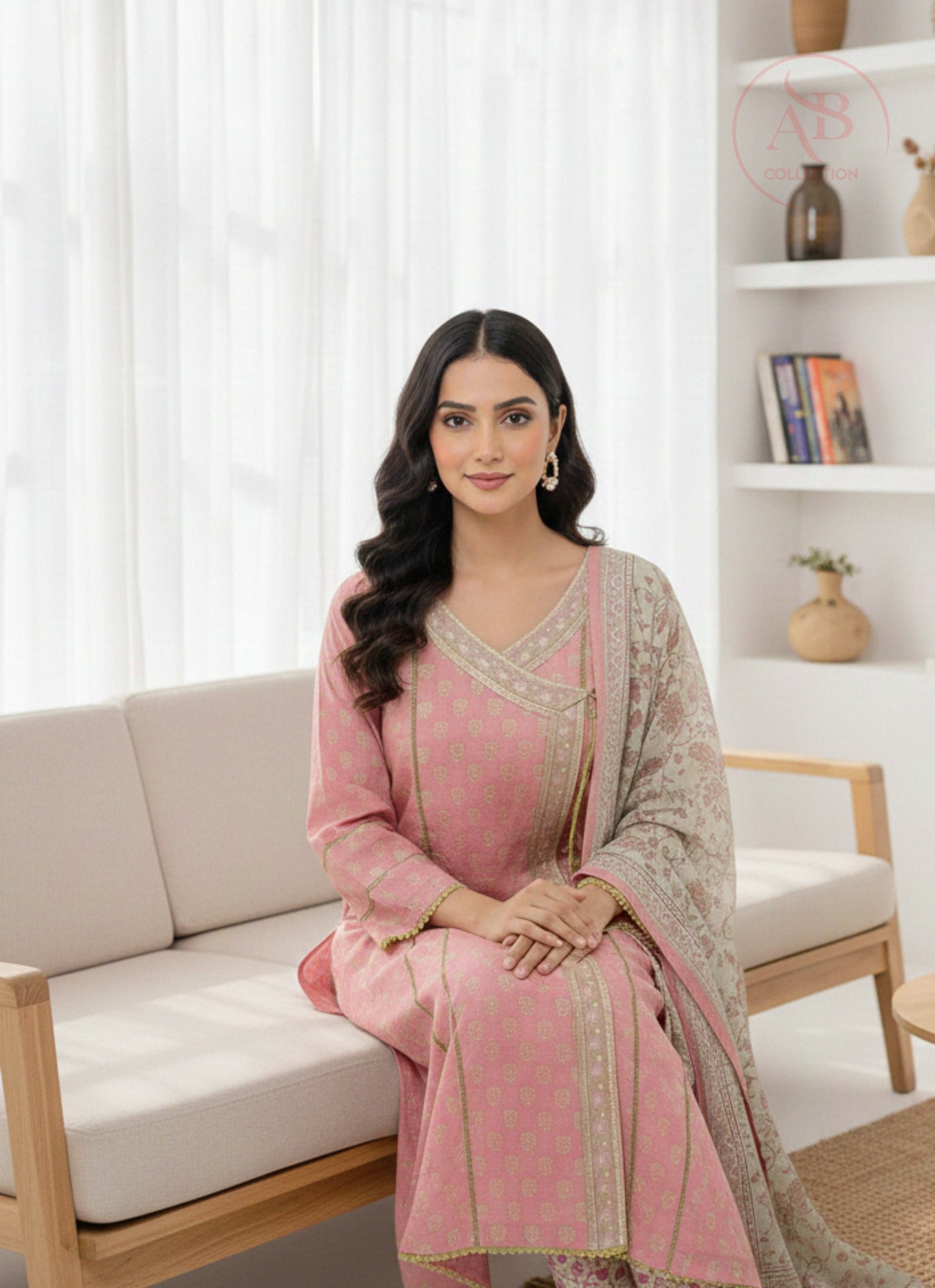 Bin Saeed Pink Floral Lawn Angrakha Frock Soft Pastel Tones with Lime Green Accents