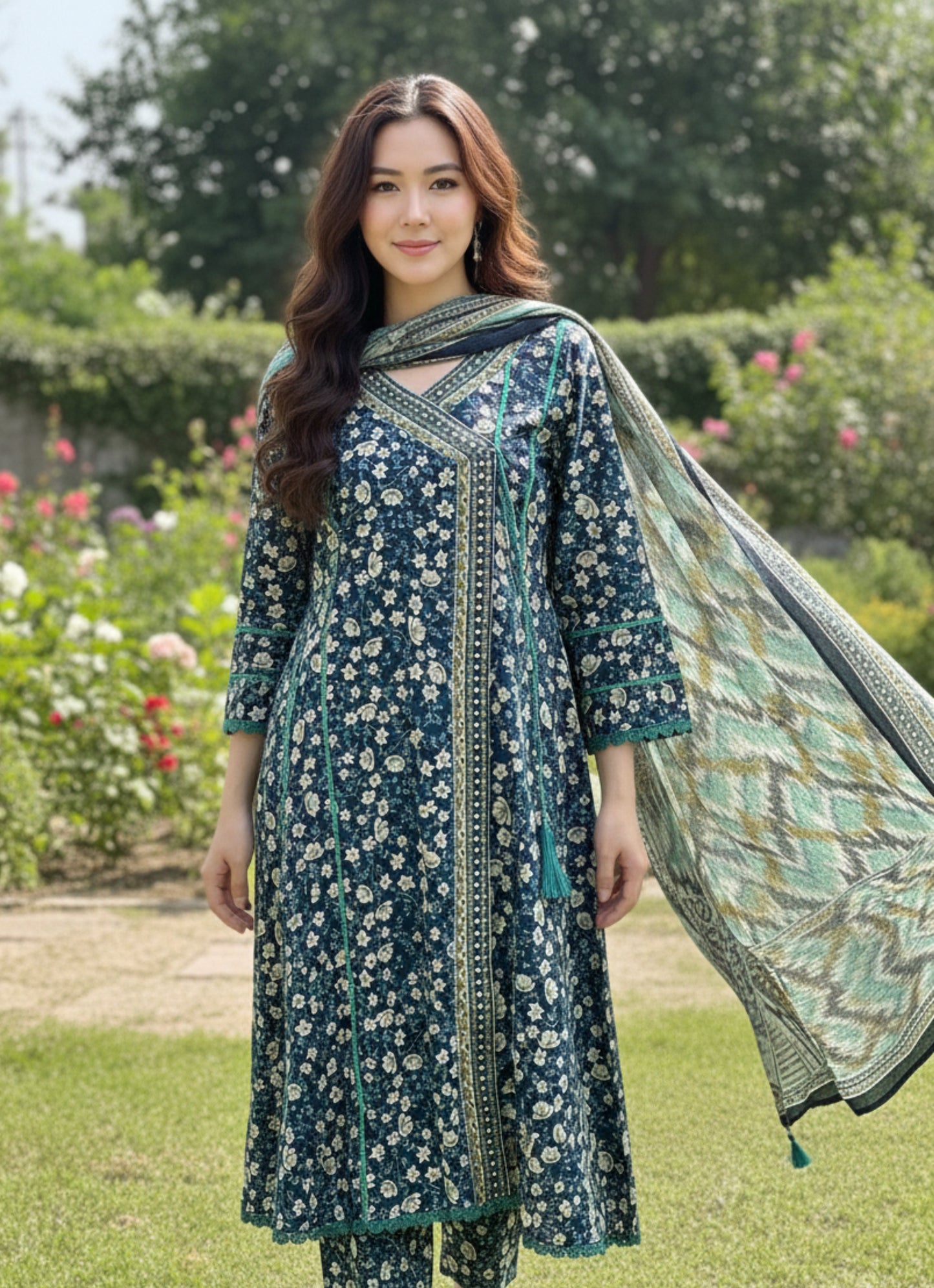 Bin Saeed Premium Lawn Collection Elegant Floral Angrakha Frock Style 3-Piece Suite