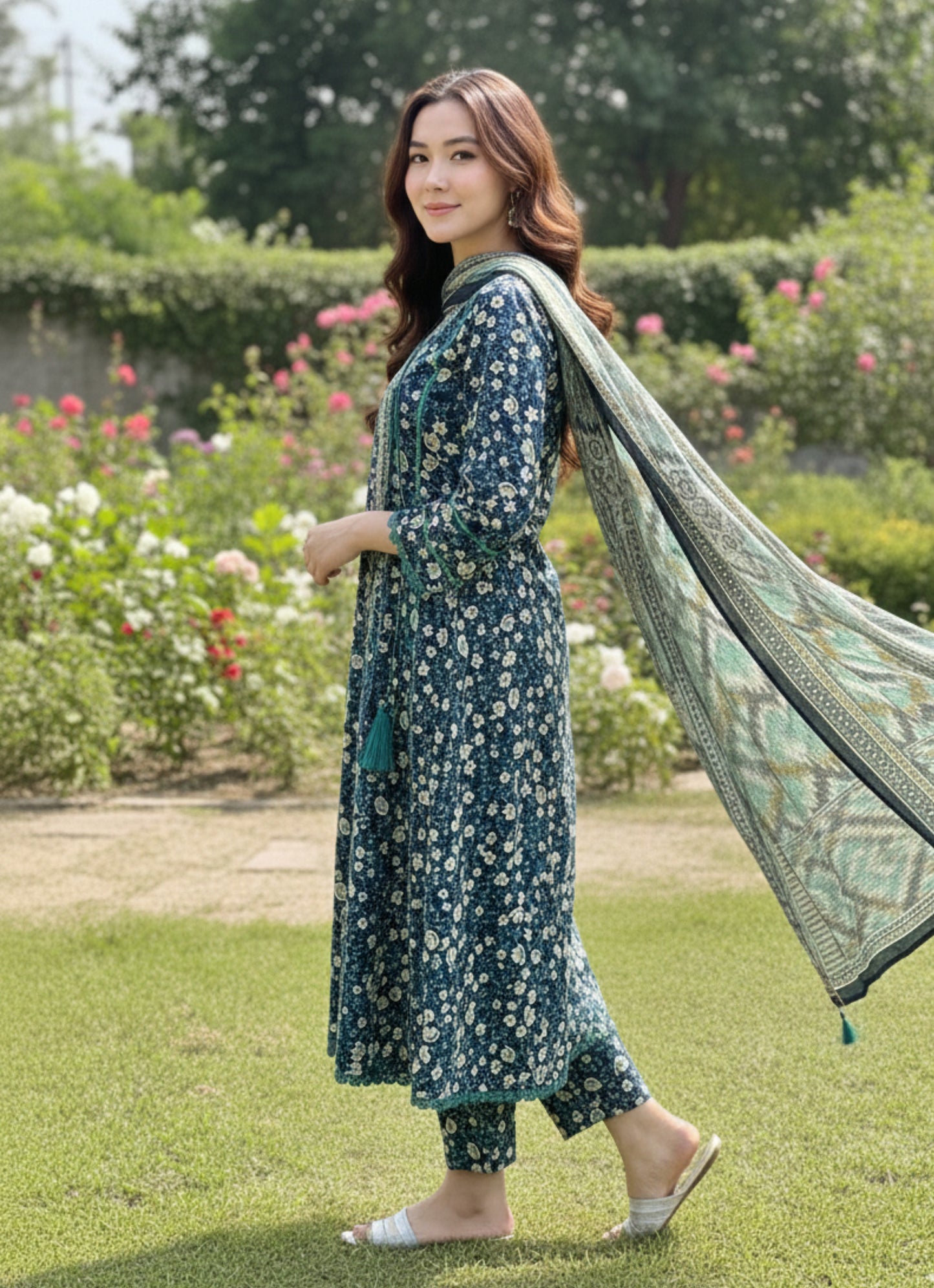 Bin Saeed Premium Lawn Collection Elegant Floral Angrakha Frock Style 3-Piece Suite