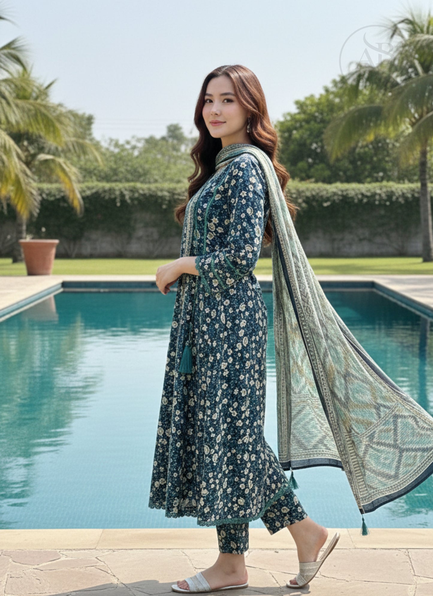 Bin Saeed Premium Lawn Collection Elegant Floral Angrakha Frock Style 3-Piece Suite
