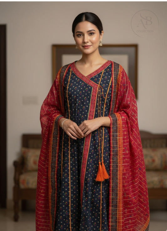 Bin Saeed Premium Lawn Collection Elegant Navy Blue Angrakha Frock with Red Striped Dupatta