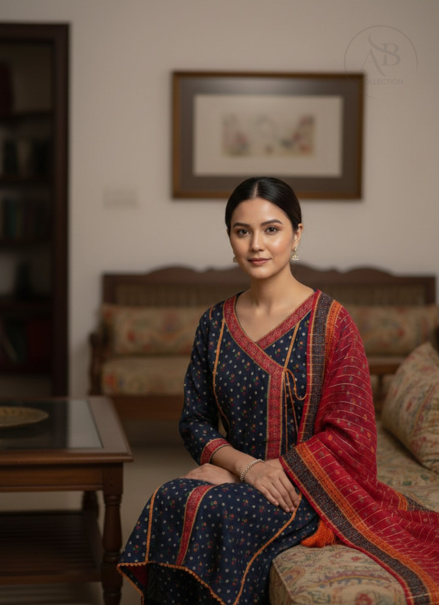 Bin Saeed Premium Lawn Collection Elegant Navy Blue Angrakha Frock with Red Striped Dupatta