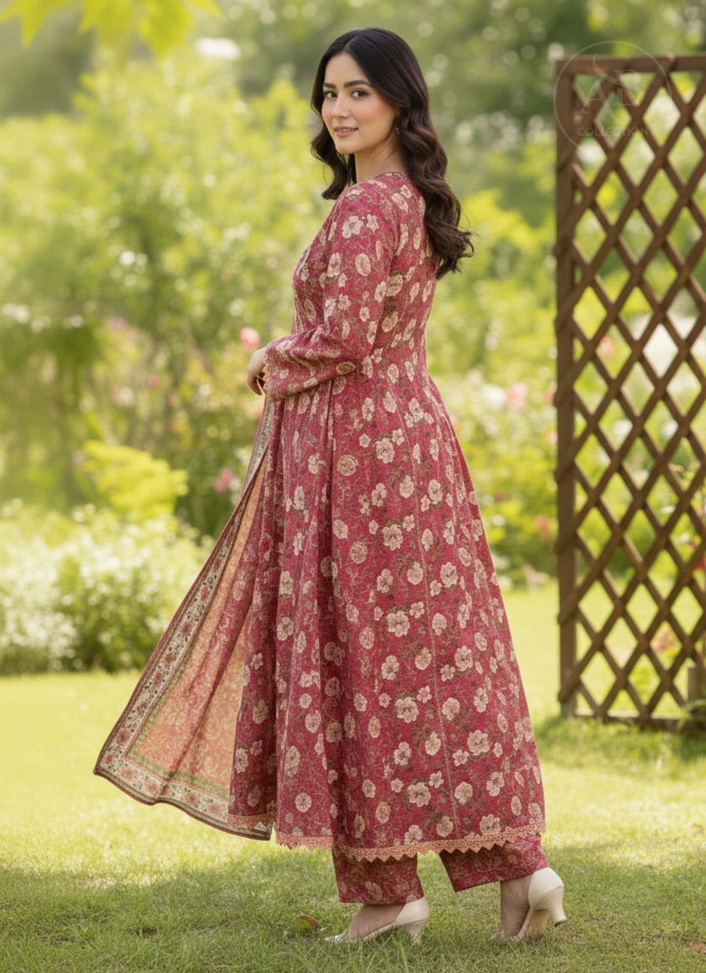 Crimson Rose Angrakha Frock & Printed Trouser Set