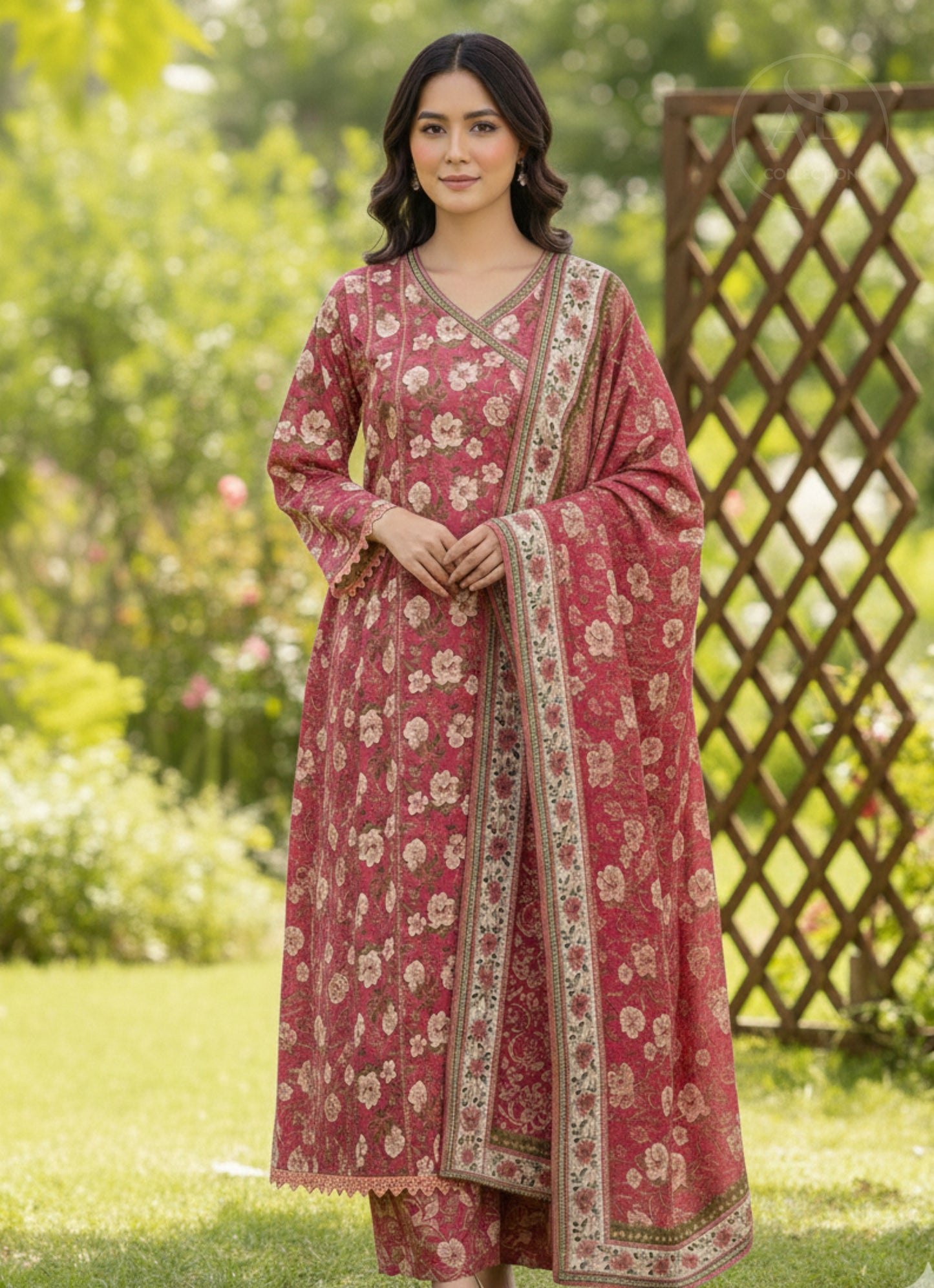 Crimson Rose Angrakha Frock & Printed Trouser Set
