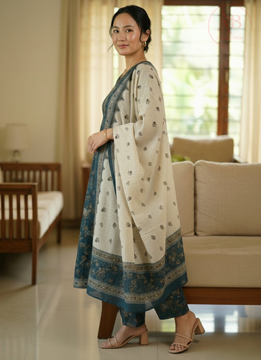 Vintage Floral Lawn 3-Piece Teal Suit with Contrasting Lawn Dupatta