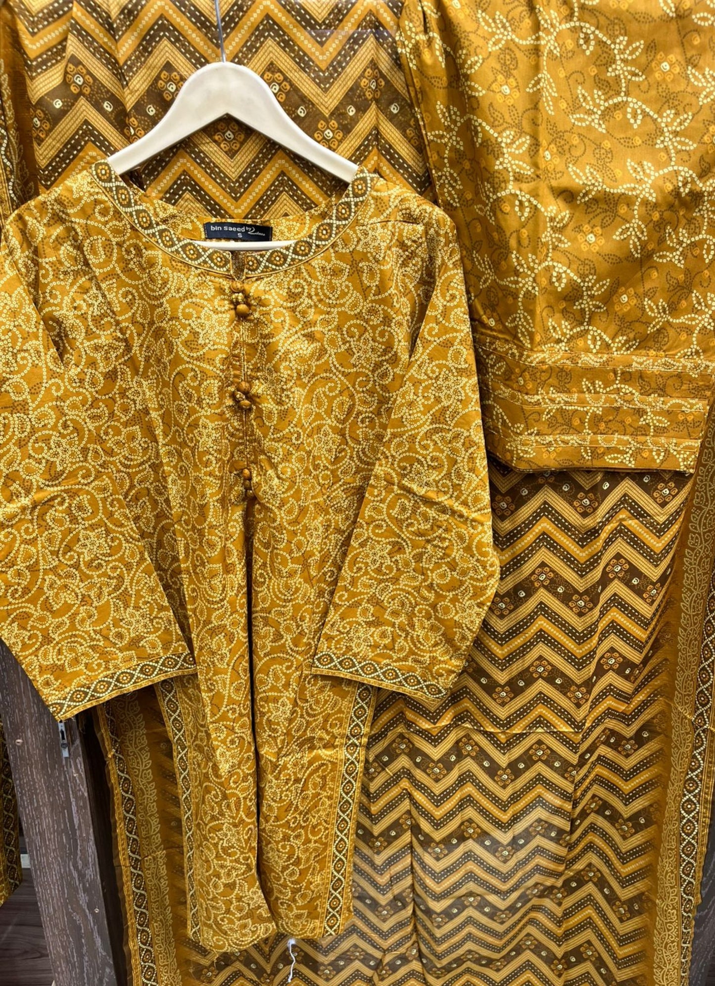 Bin Saeed Mustard Chunri 3-Piece Stitched Lawn with Chevron Dupatta and Fershi Shalwar
