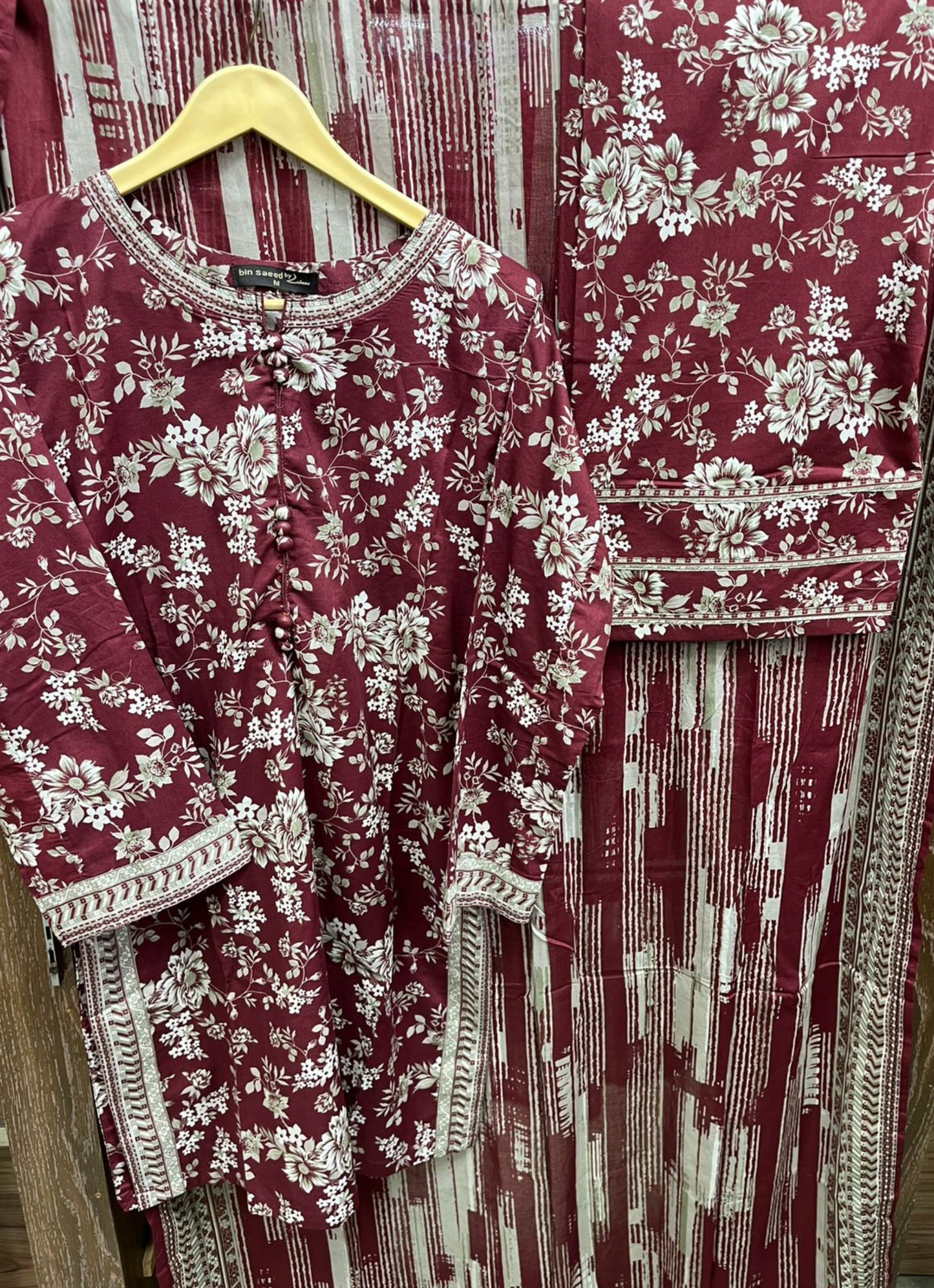 Bin Saeed Maroon Floral Elegance 3-Piece Stitched Lawn Suite with Abstract Print Dupatta and Fershi Shalwar