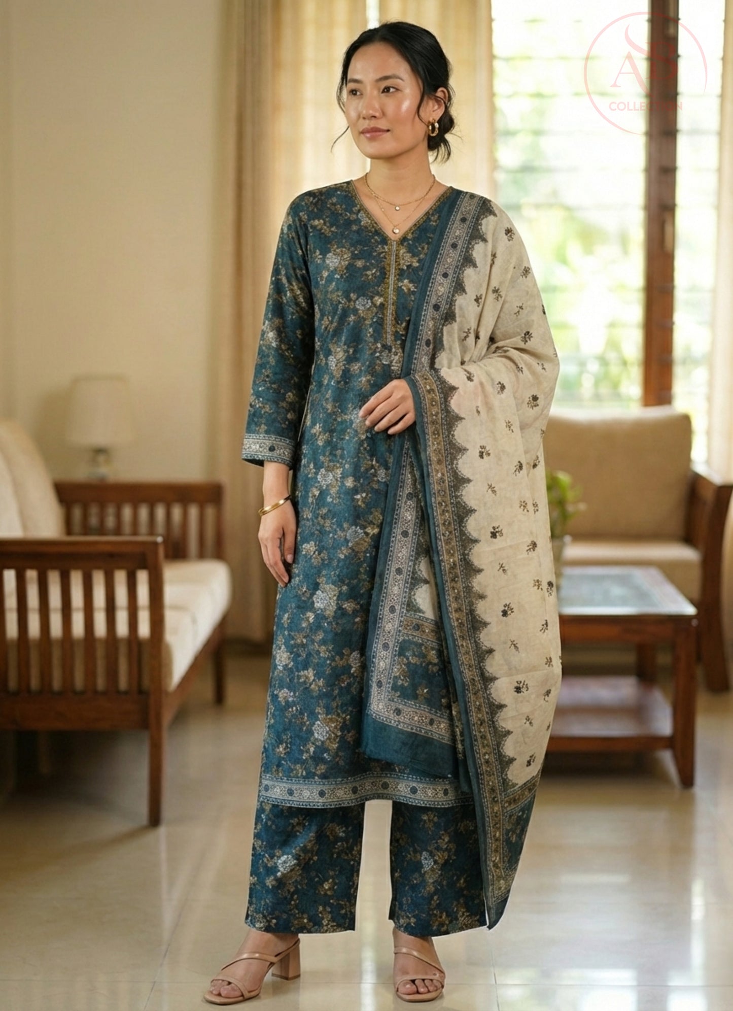 Vintage Floral Lawn 3-Piece Teal Suit with Contrasting Lawn Dupatta