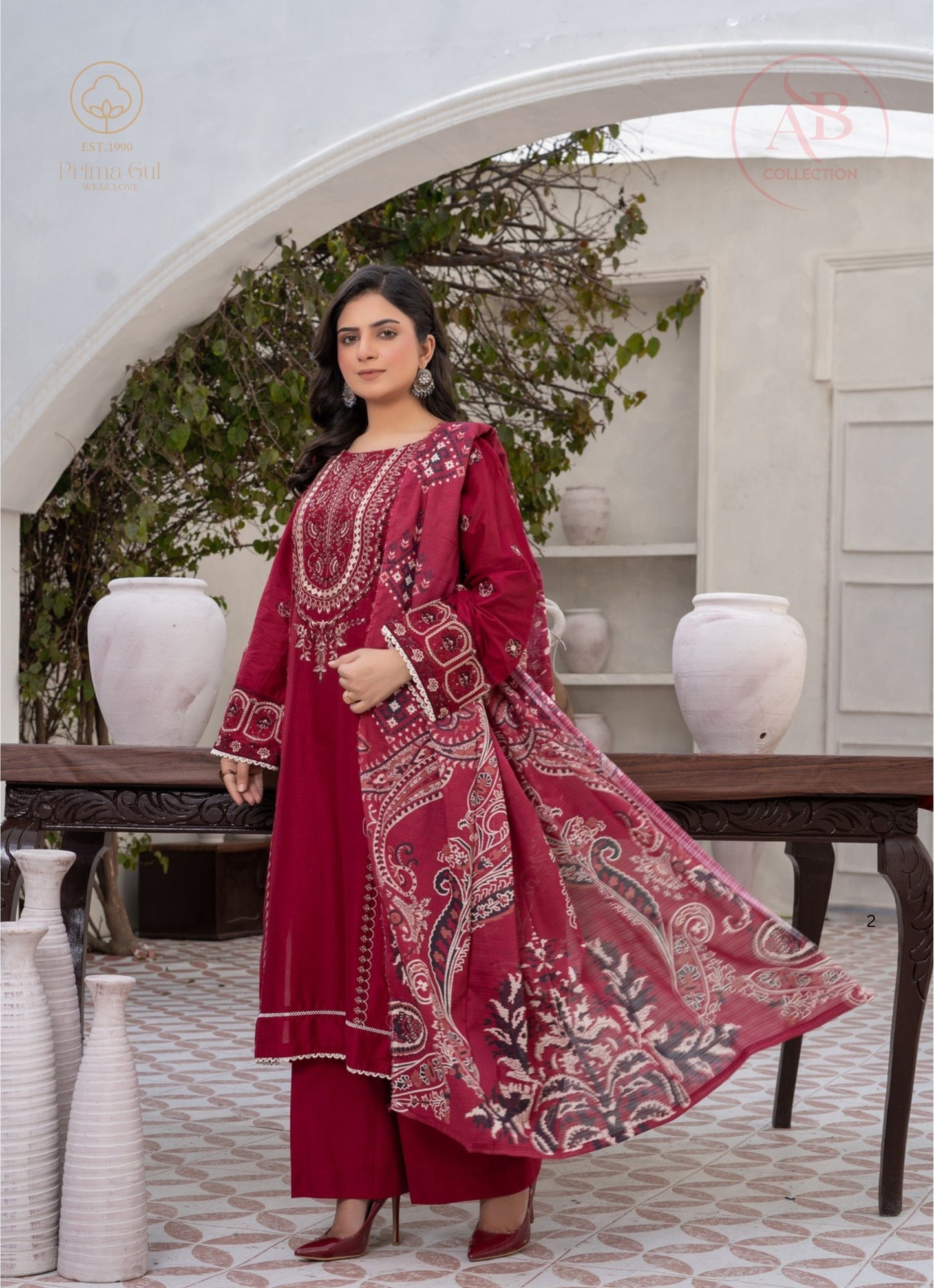 Prima Gul Collection Deep Maroon Embroidered 3-Piece Cambric Suit
