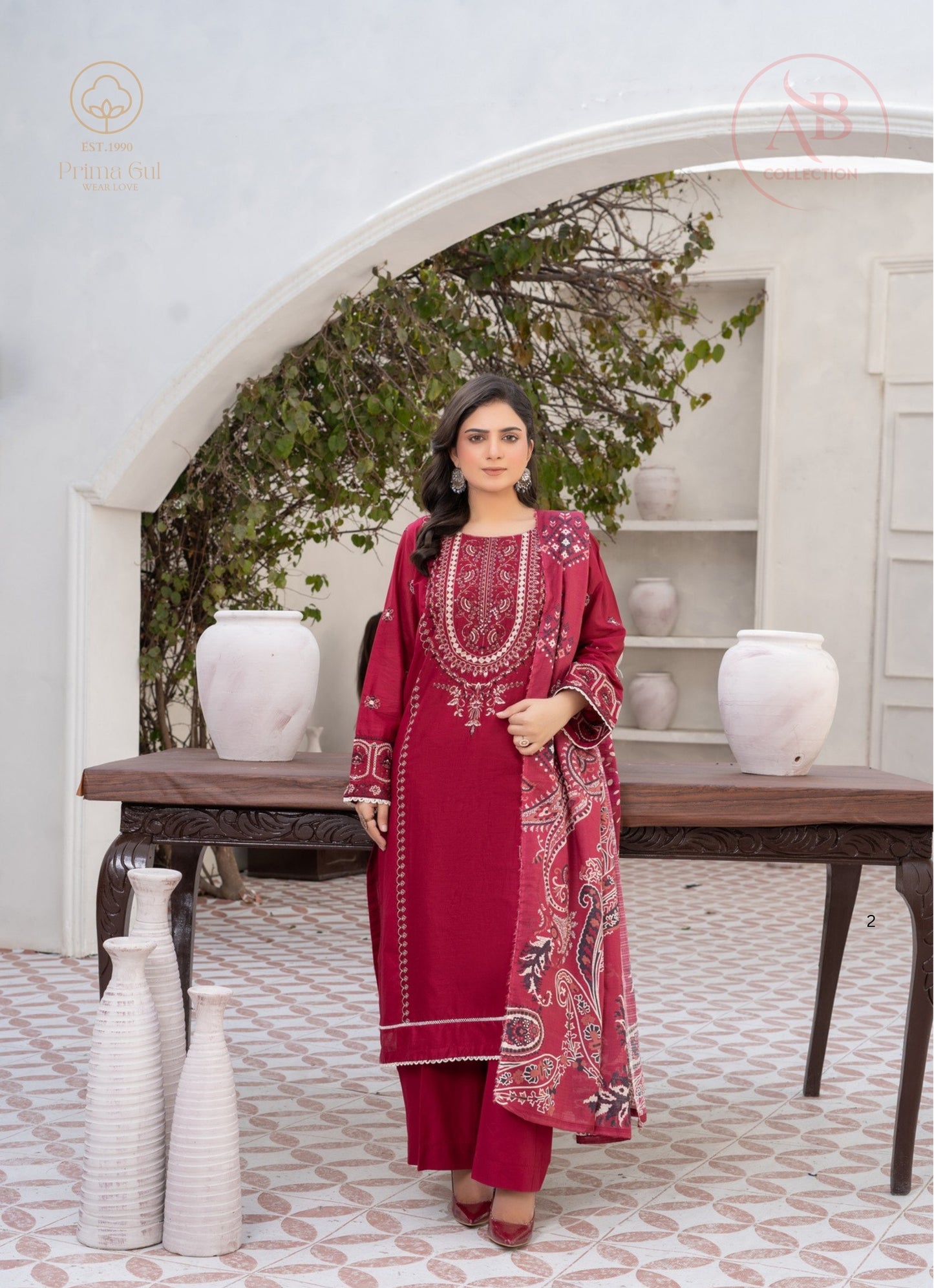Prima Gul Collection Deep Maroon Embroidered 3-Piece Cambric Suit