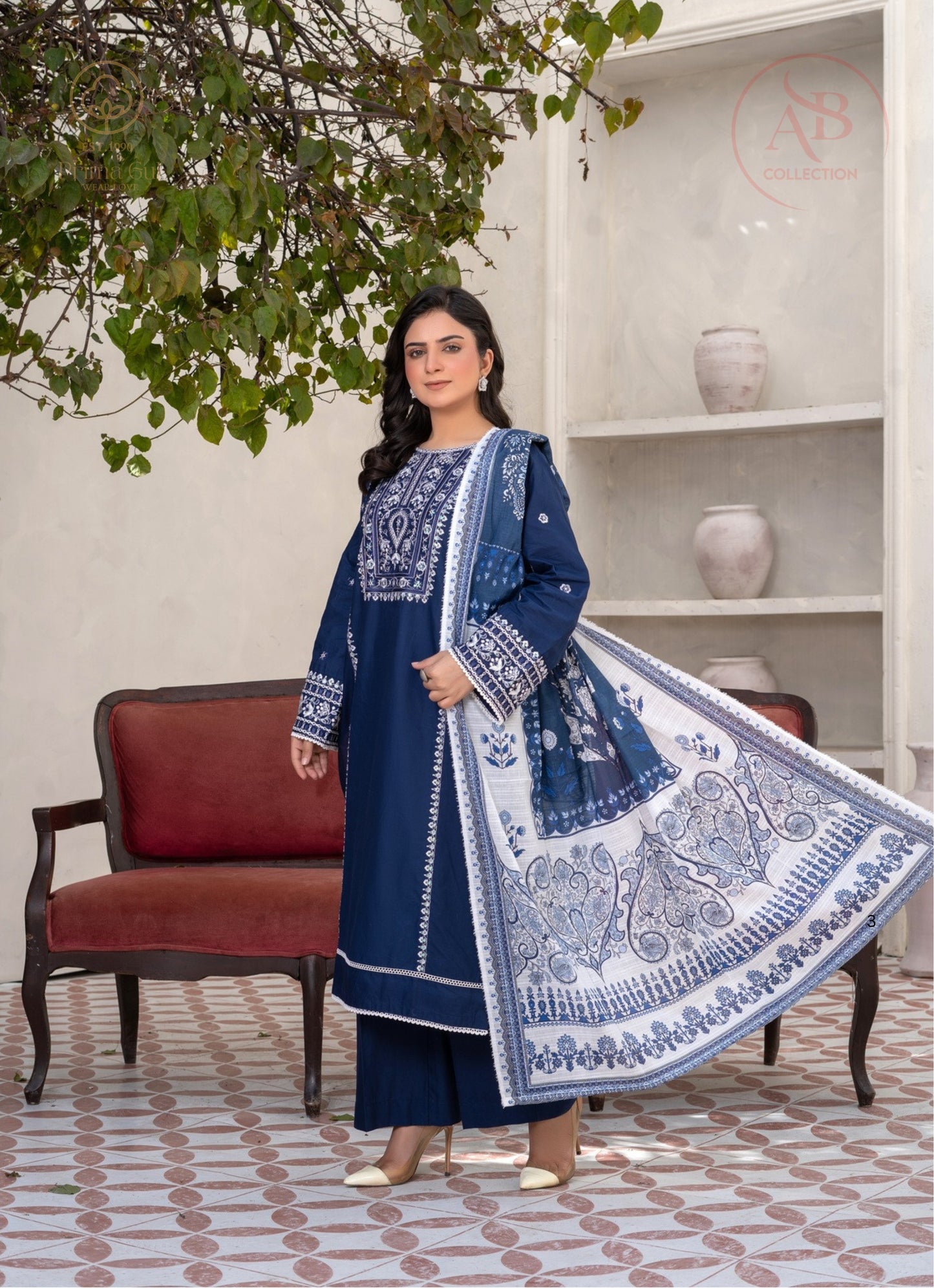 Prima Gul Collection Latest Navy Blue Embroidered 3-Piece Cambric Suit