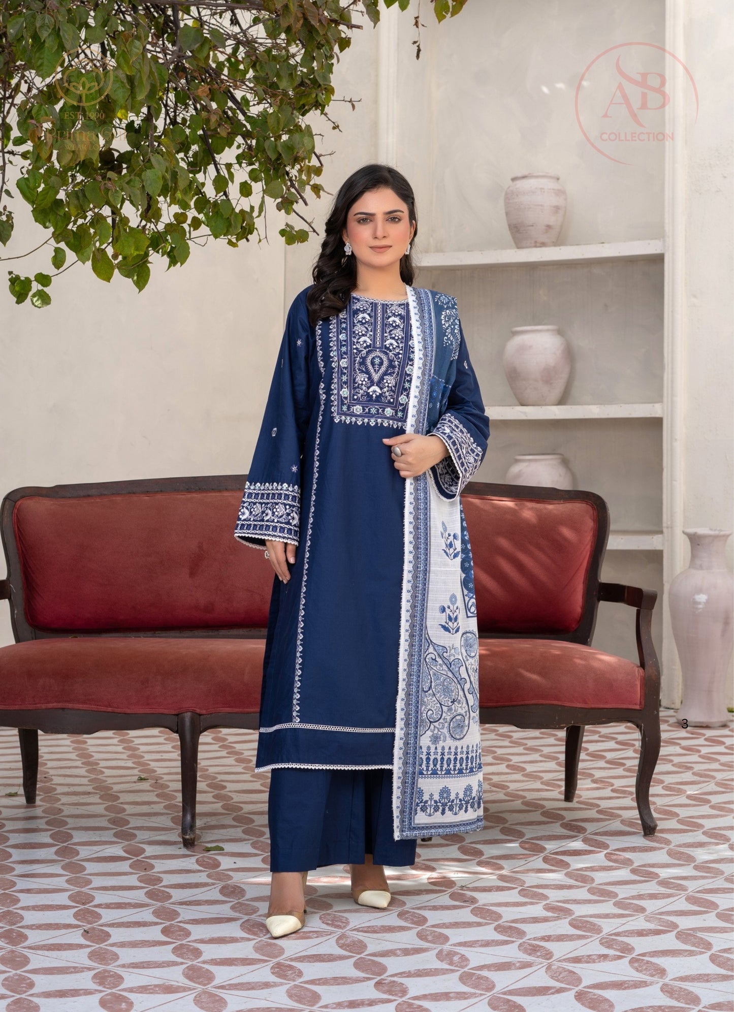 Prima Gul Collection Latest Navy Blue Embroidered 3-Piece Cambric Suit