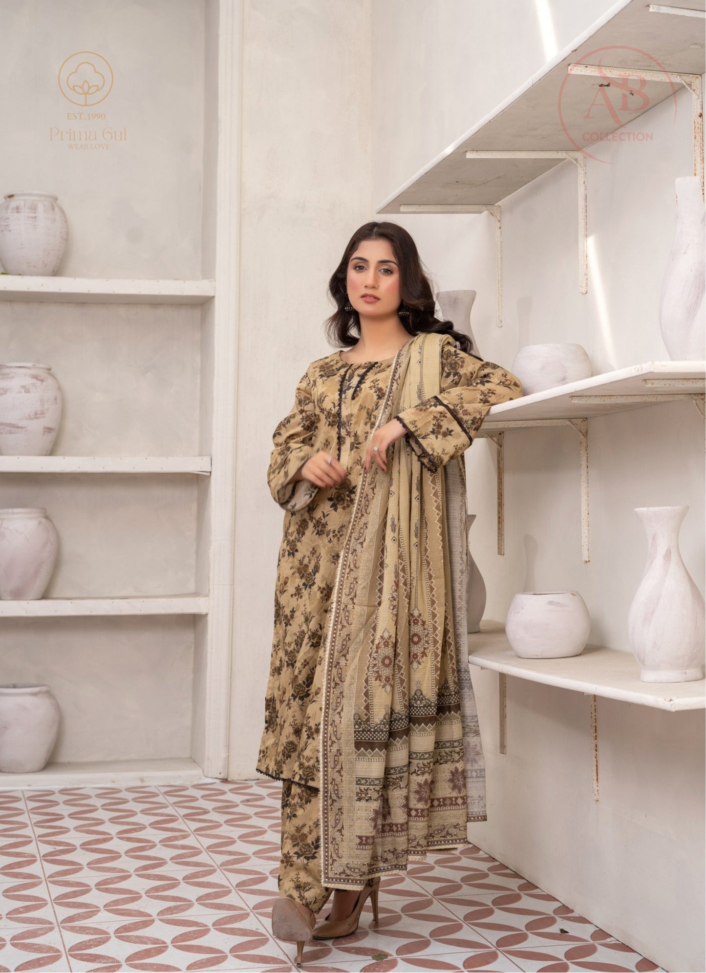 Prima Gul Collection Earthy Olive Floral Printed 3-Piece Lawn Suit