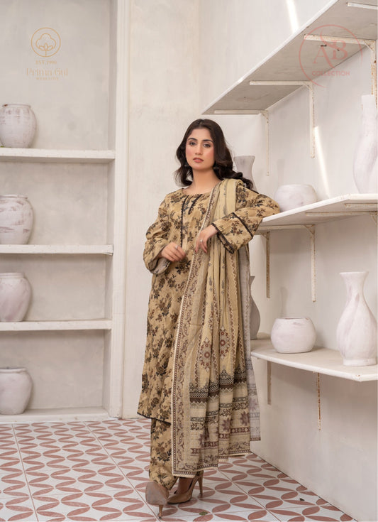 Prima Gul Collection Earthy Olive Floral Printed 3-Piece Lawn Suit