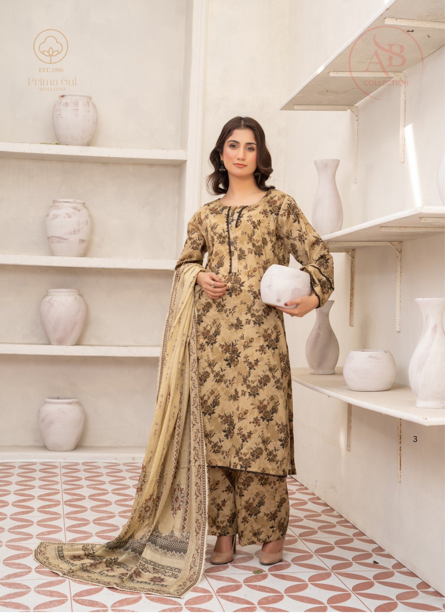 Prima Gul Collection Earthy Olive Floral Printed 3-Piece Lawn Suit