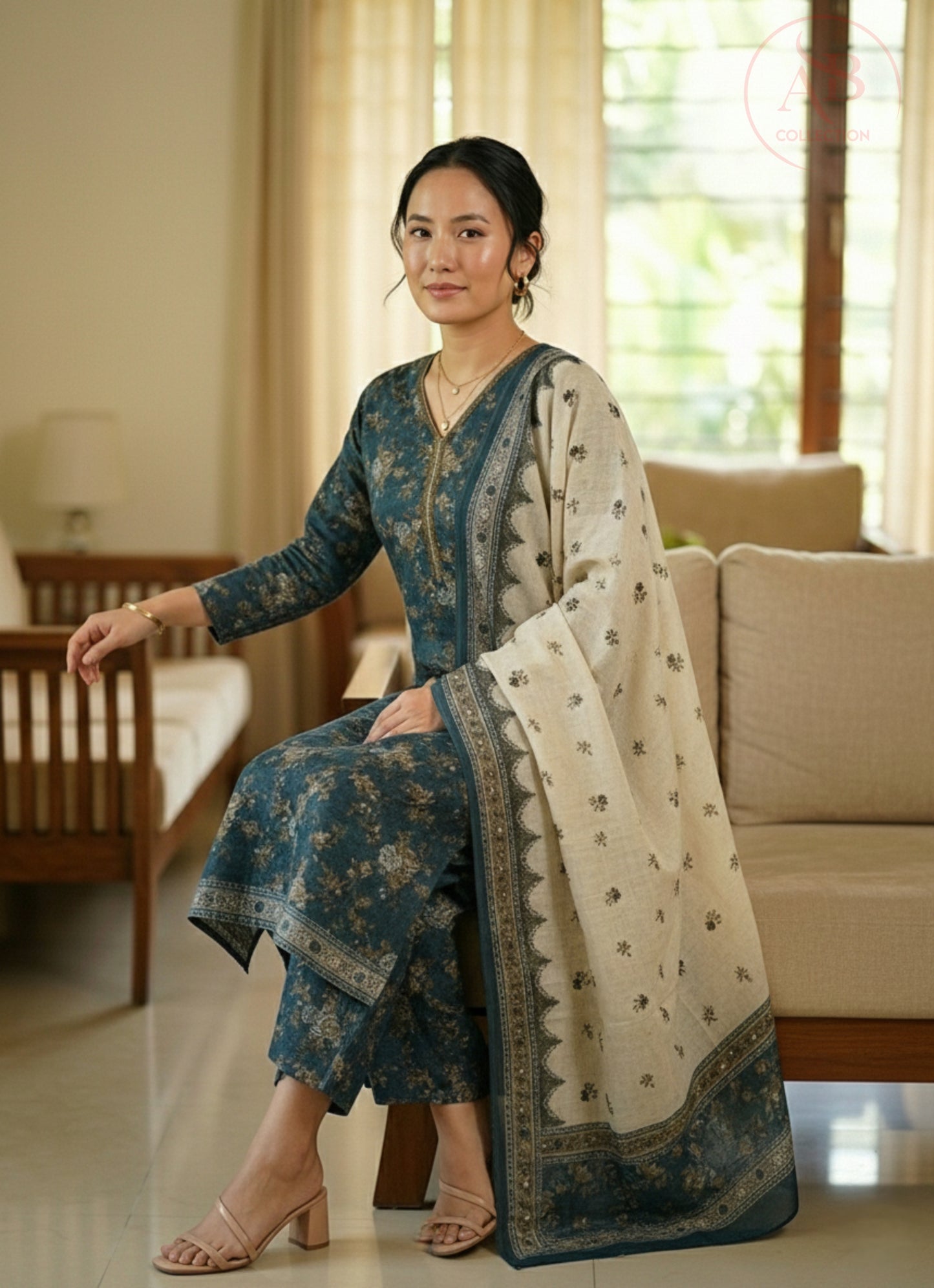 Vintage Floral Lawn 3-Piece Teal Suit with Contrasting Lawn Dupatta