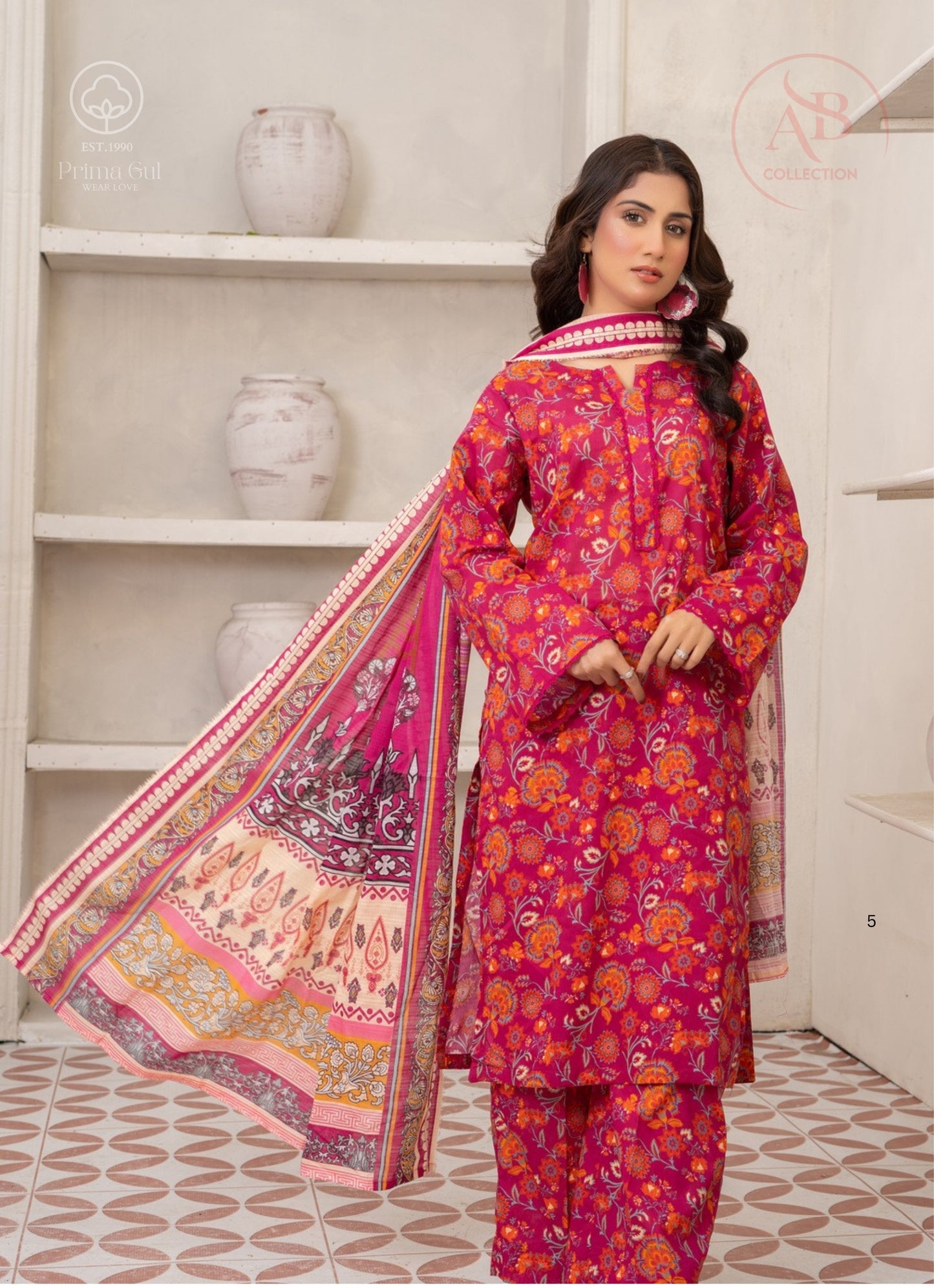Prima Gul Collection Vibrant Magenta & Orange Floral 3-Piece Printed Lawn Suit