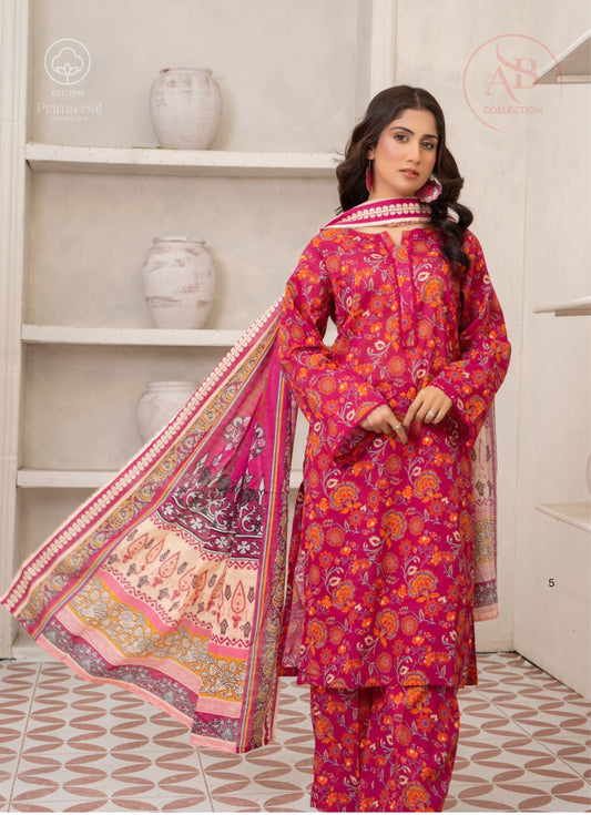 Prima Gul Collection Vibrant Magenta & Orange Floral 3-Piece Printed Lawn Suit
