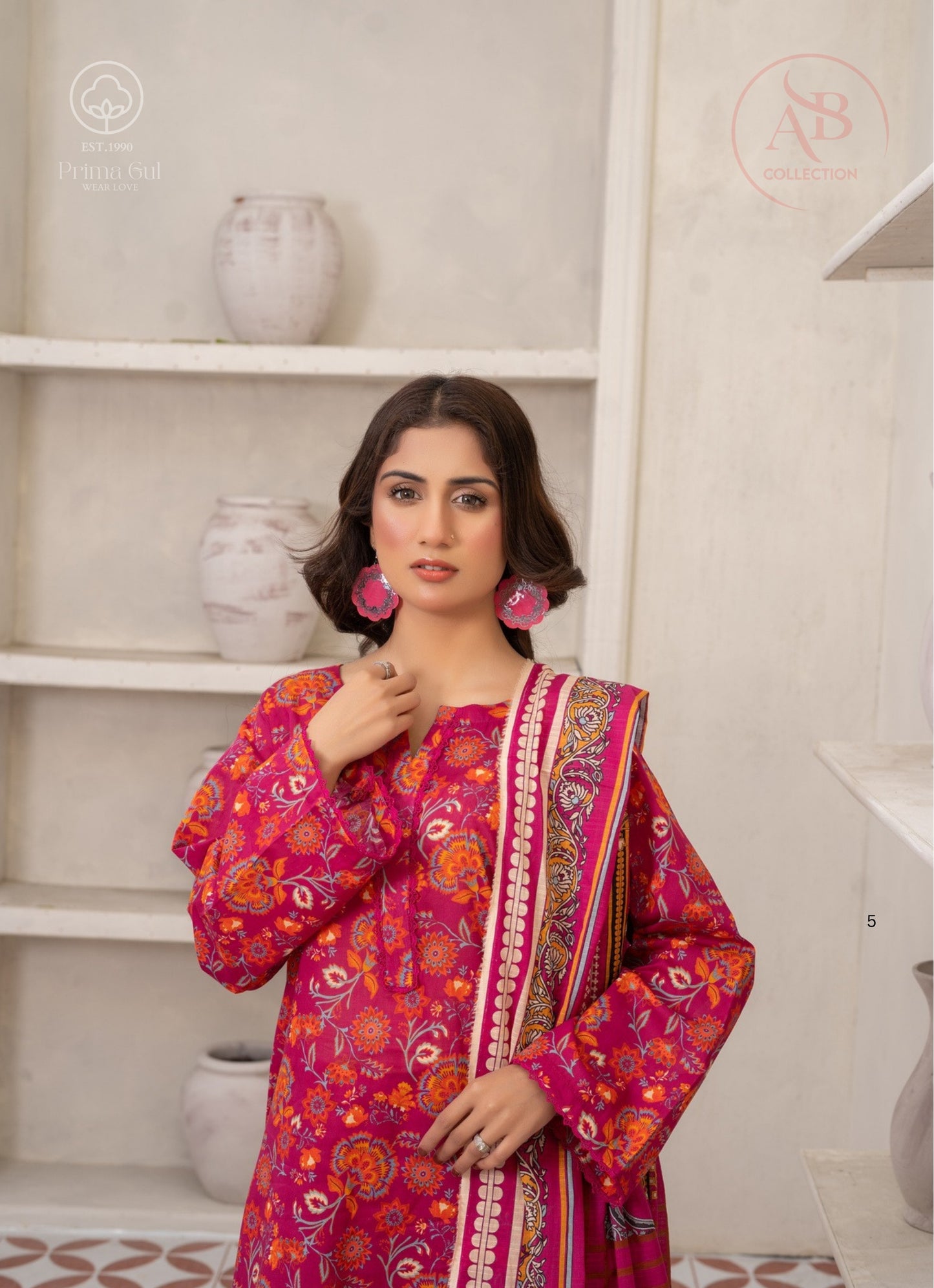 Prima Gul Collection Vibrant Magenta & Orange Floral 3-Piece Printed Lawn Suit
