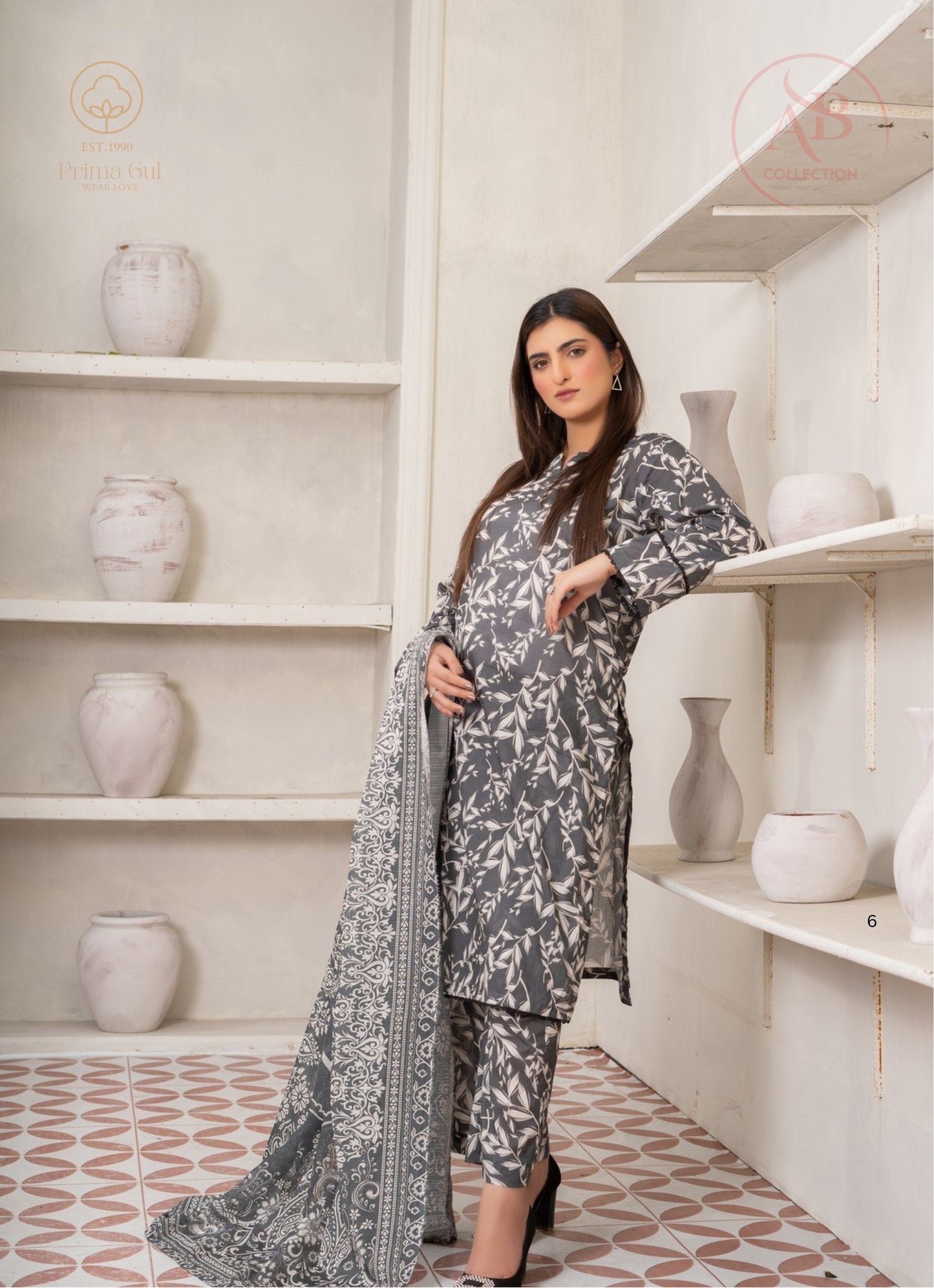 Prima Gul Collection Charcoal Grey & Ivory Leaf Printed 3-Piece Lawn Suit