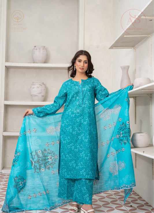 Prima Gul Collection Radiant Turquoise Floral 3-Piece Printed Lawn Suit