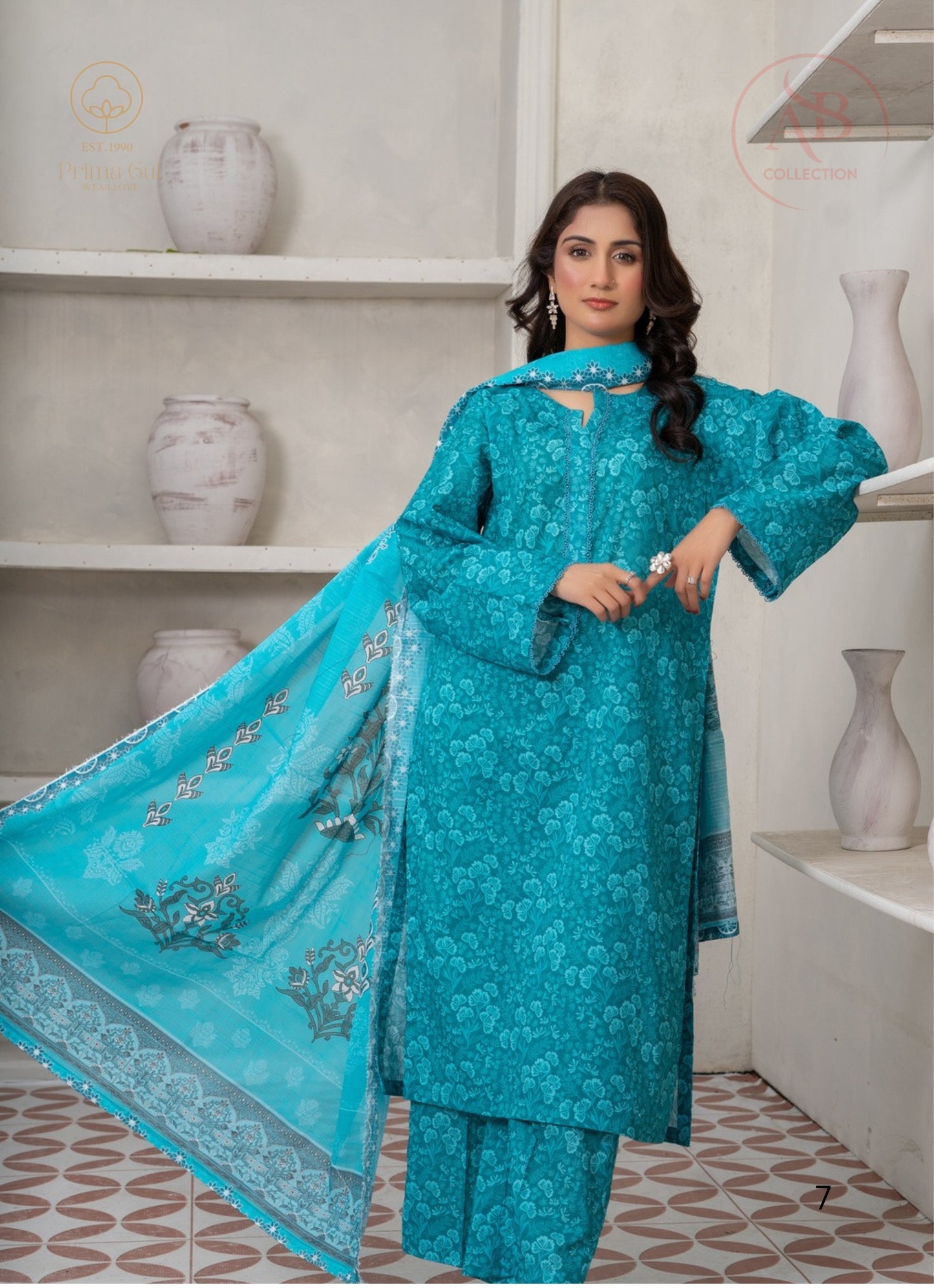 Prima Gul Collection Radiant Turquoise Floral 3-Piece Printed Lawn Suit