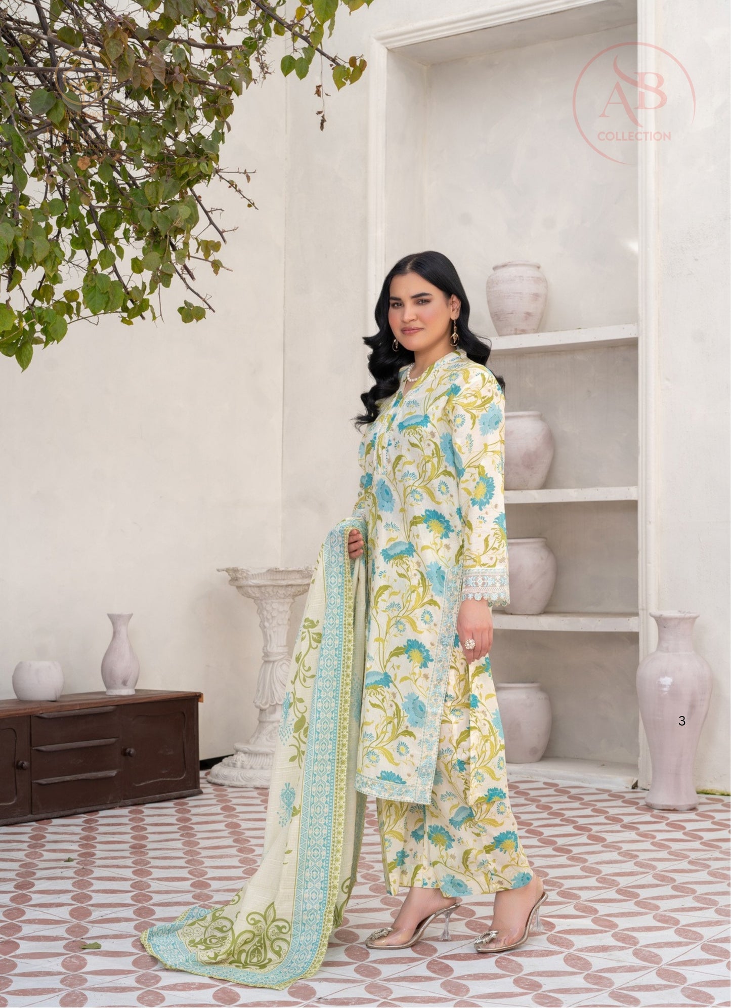 Prima Gul Collection Ivory & Aqua Botanical 3-Piece Printed Lawn Suit
