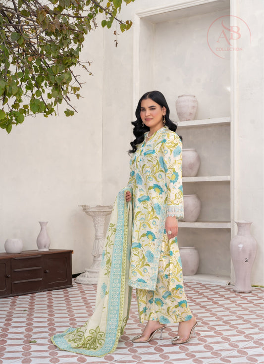 Prima Gul Collection Ivory & Aqua Botanical 3-Piece Printed Lawn Suit