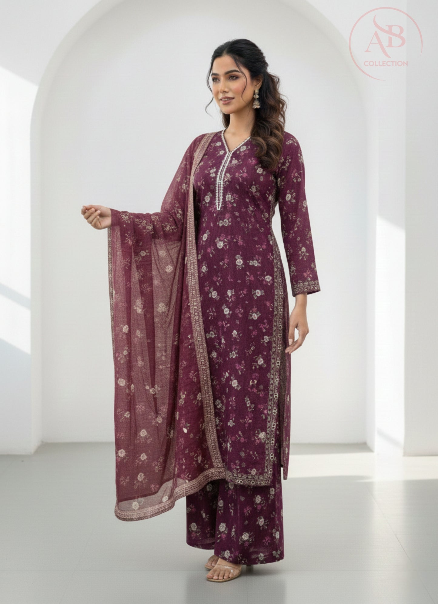 3 Piece Printed Lawn Suit Plum Floral with Flapper Trouser