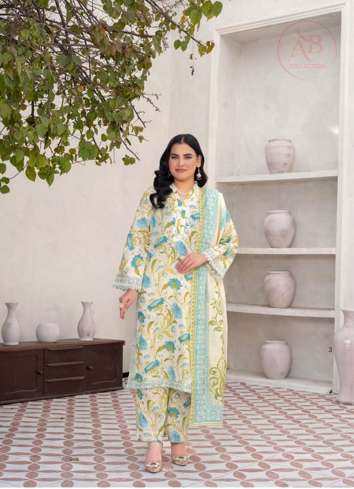 Prima Gul Collection Ivory & Aqua Botanical 3-Piece Printed Lawn Suit