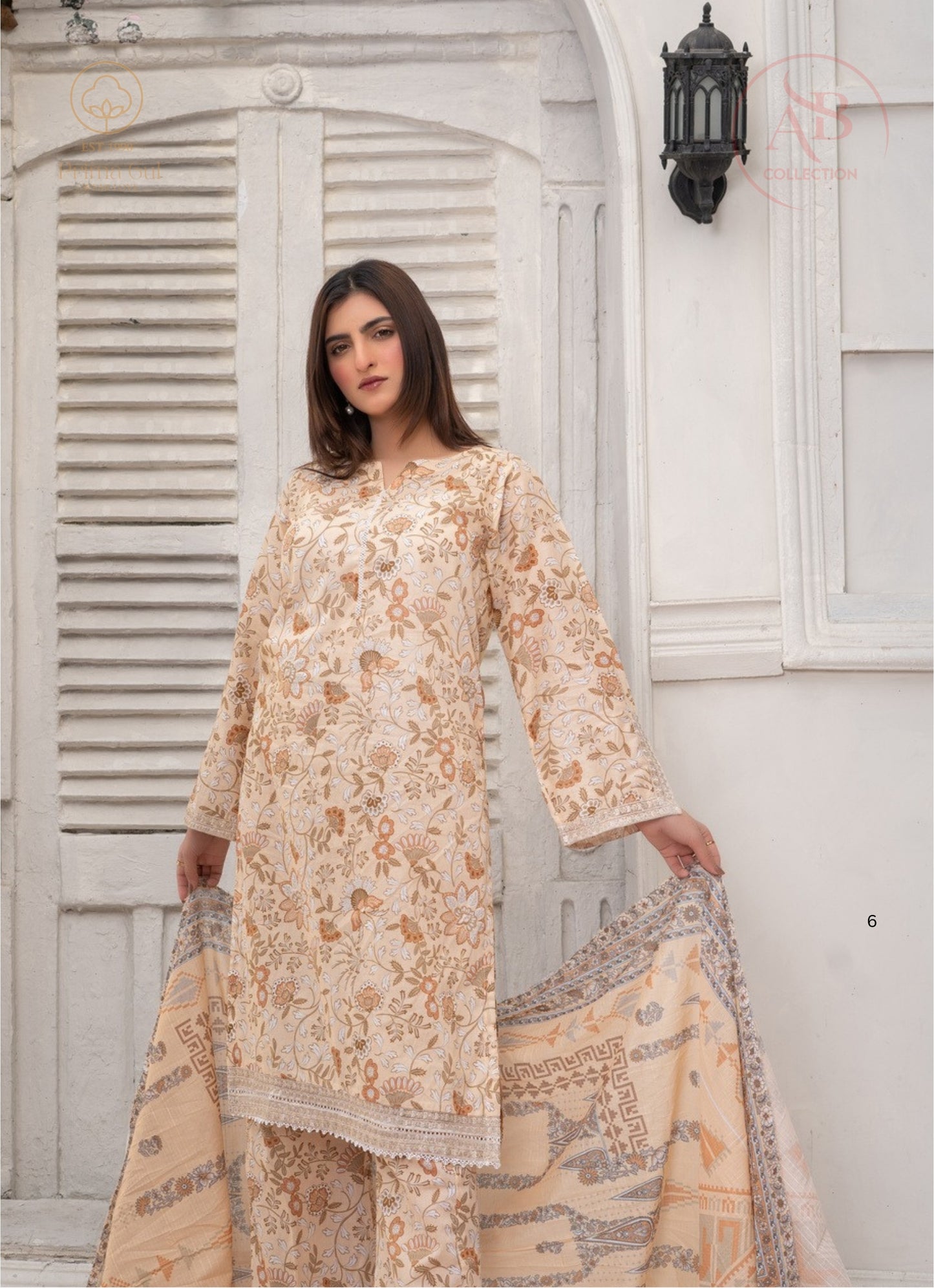 Prima Gul 3-Piece Floral Print Lawn Suit in Warm Beige & Peach