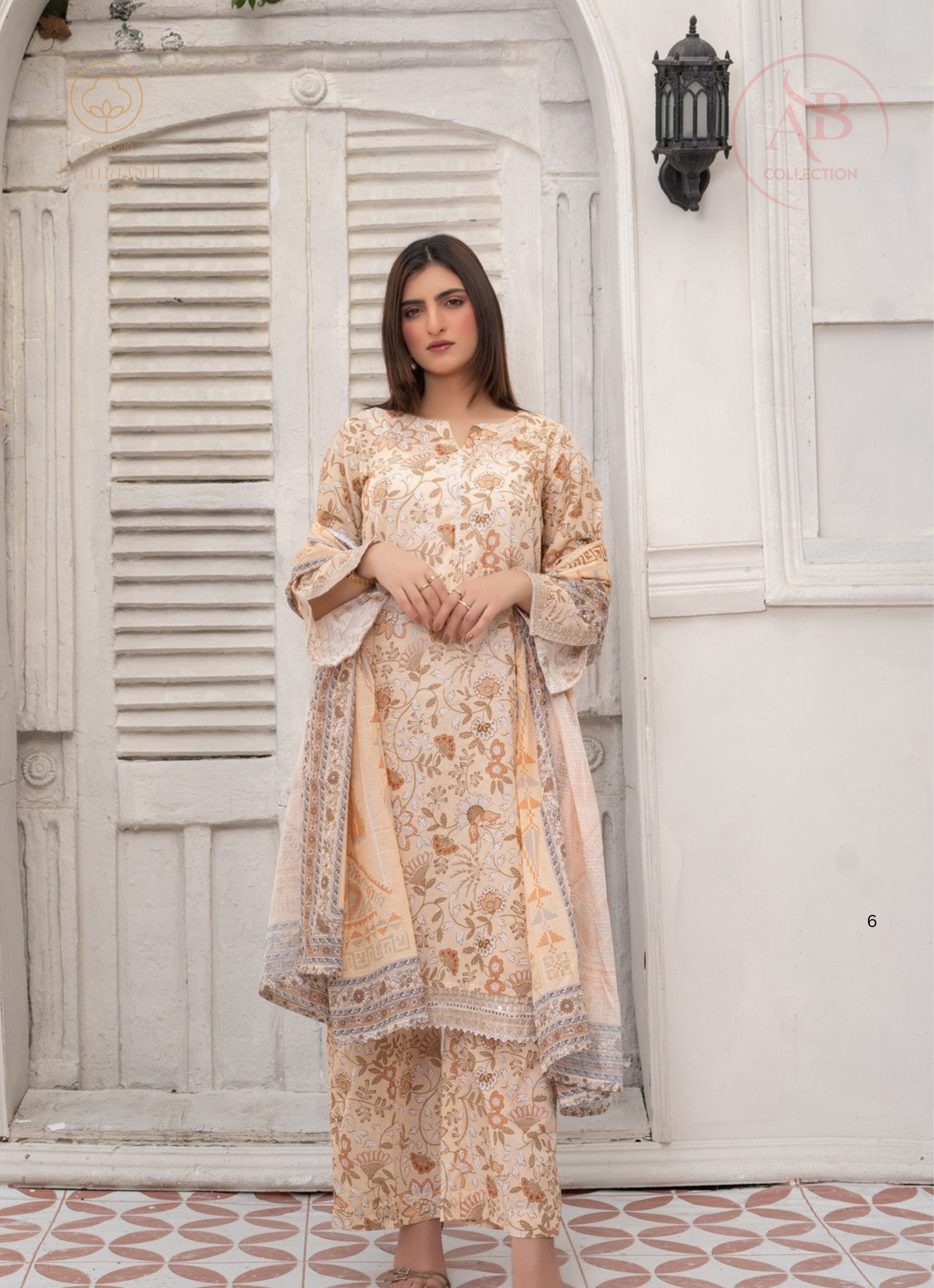Prima Gul 3-Piece Floral Print Lawn Suit in Warm Beige & Peach