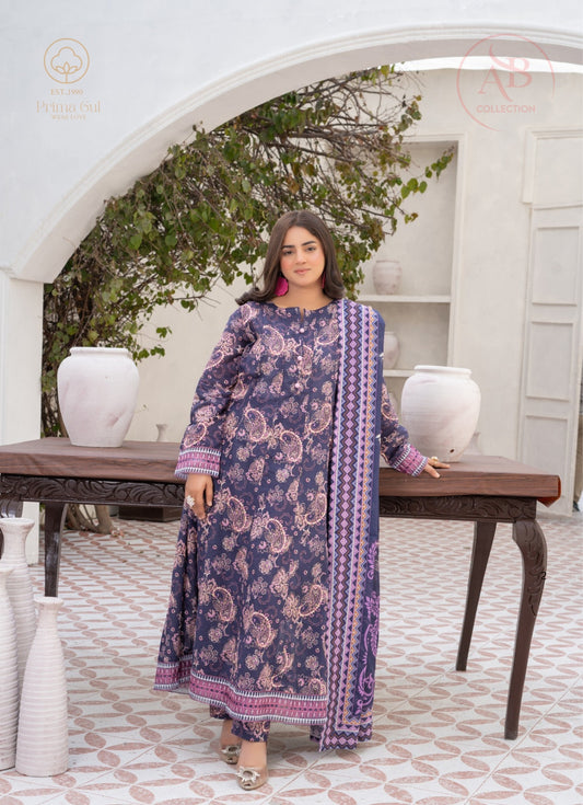 3-Piece Navy Blue Paisley Lawn Suit