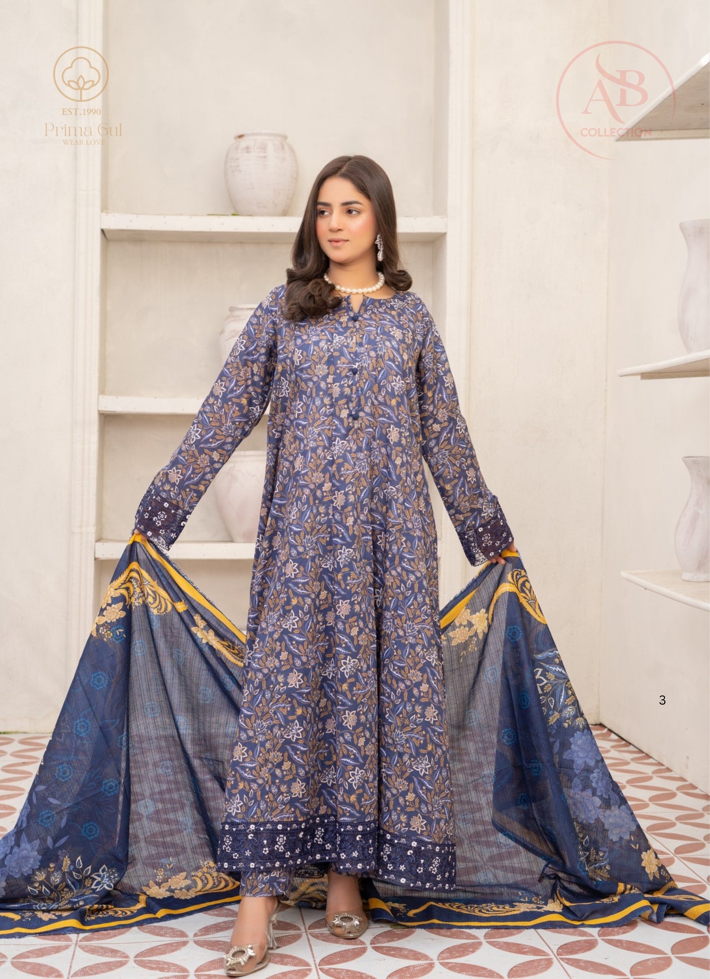 3-Piece Denim Blue Floral Lawn Suit with Mustard Accents
