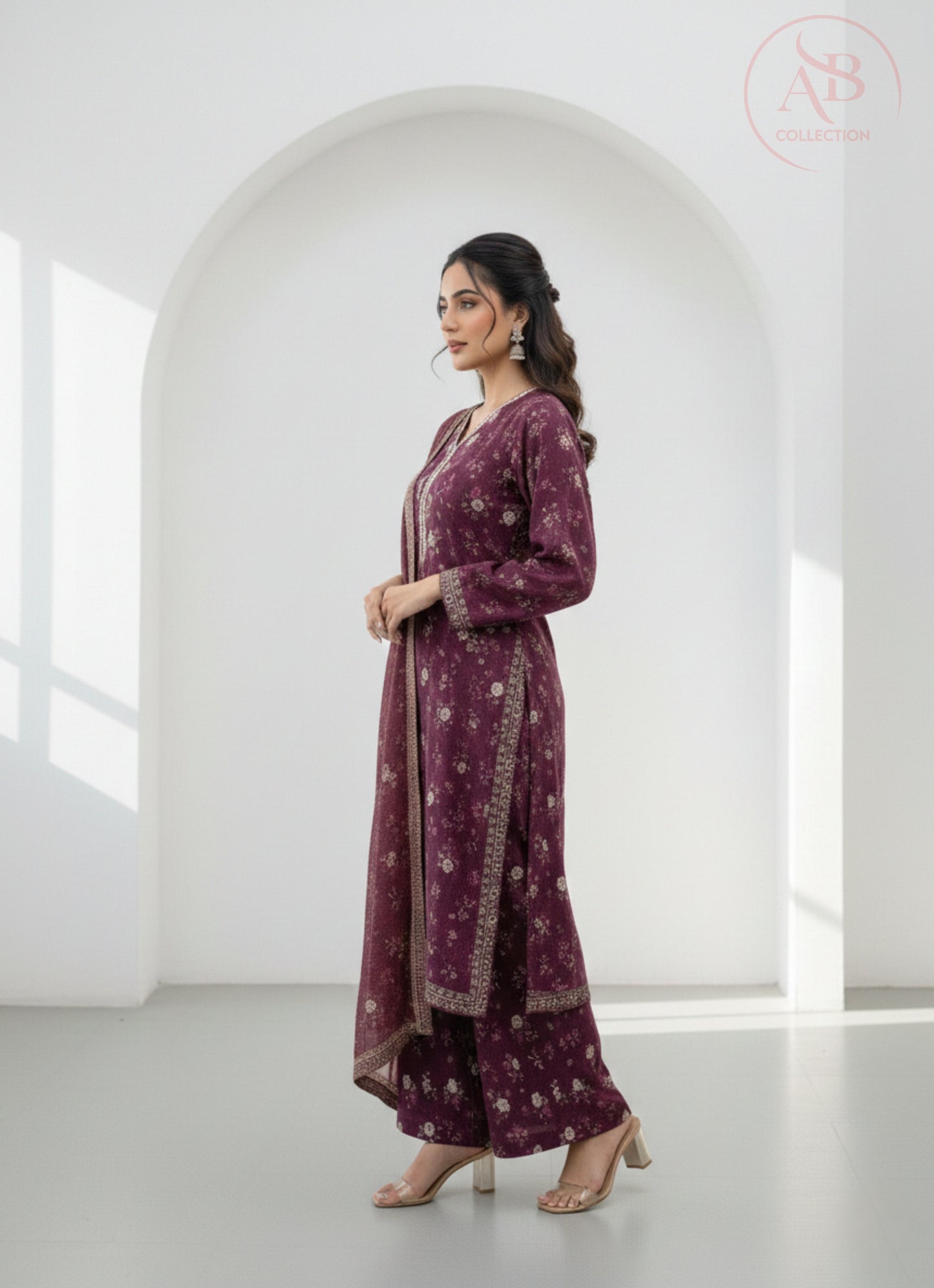 3 Piece Printed Lawn Suit Plum Floral with Flapper Trouser
