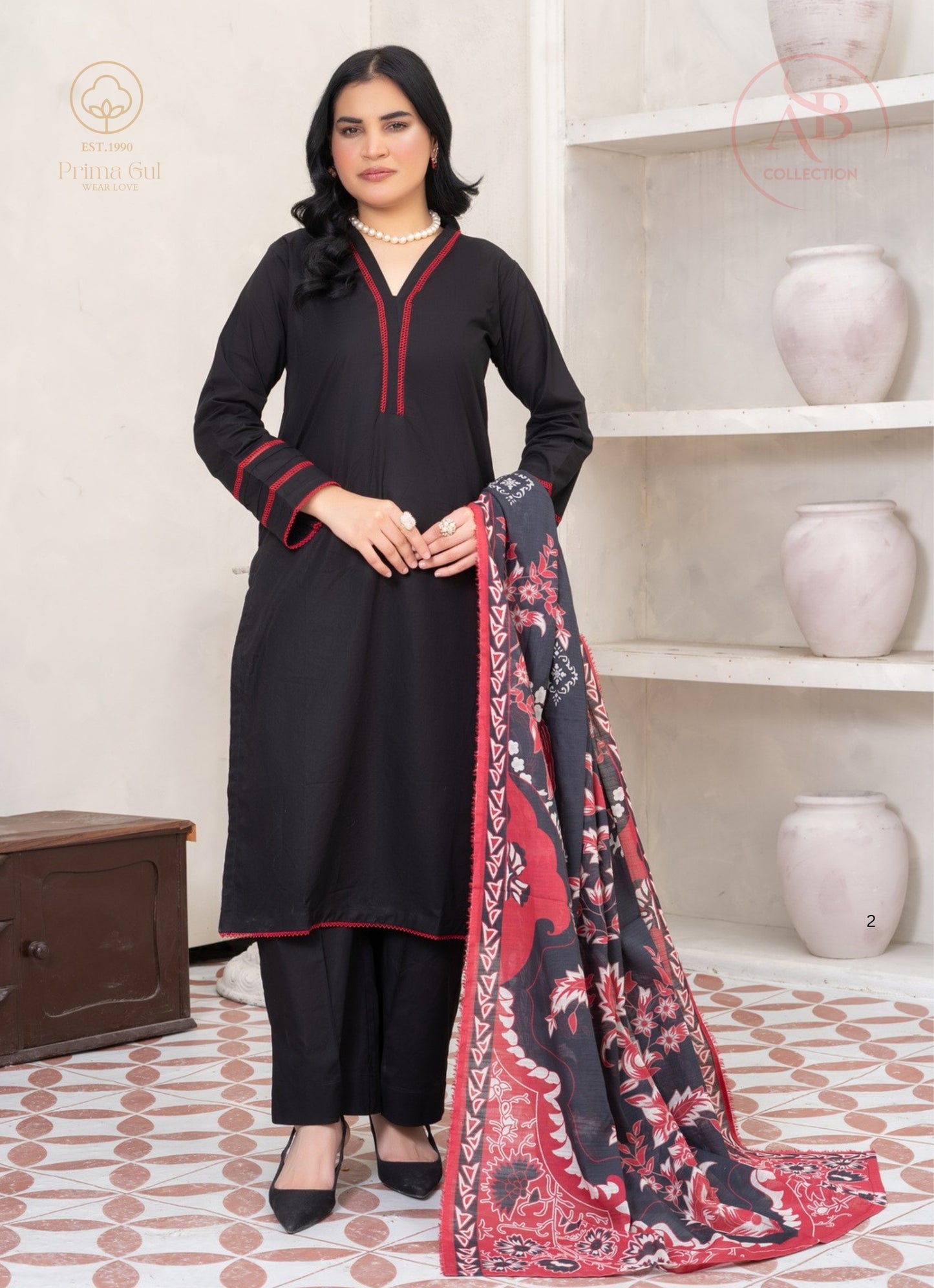 Prima Gul Elegant Black Cambric 3-Piece Suit with Crimson Embroidery & Floral Dupatta