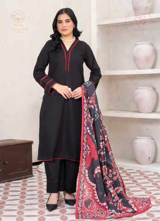 Prima Gul Elegant Black Cambric 3-Piece Suit with Crimson Embroidery & Floral Dupatta