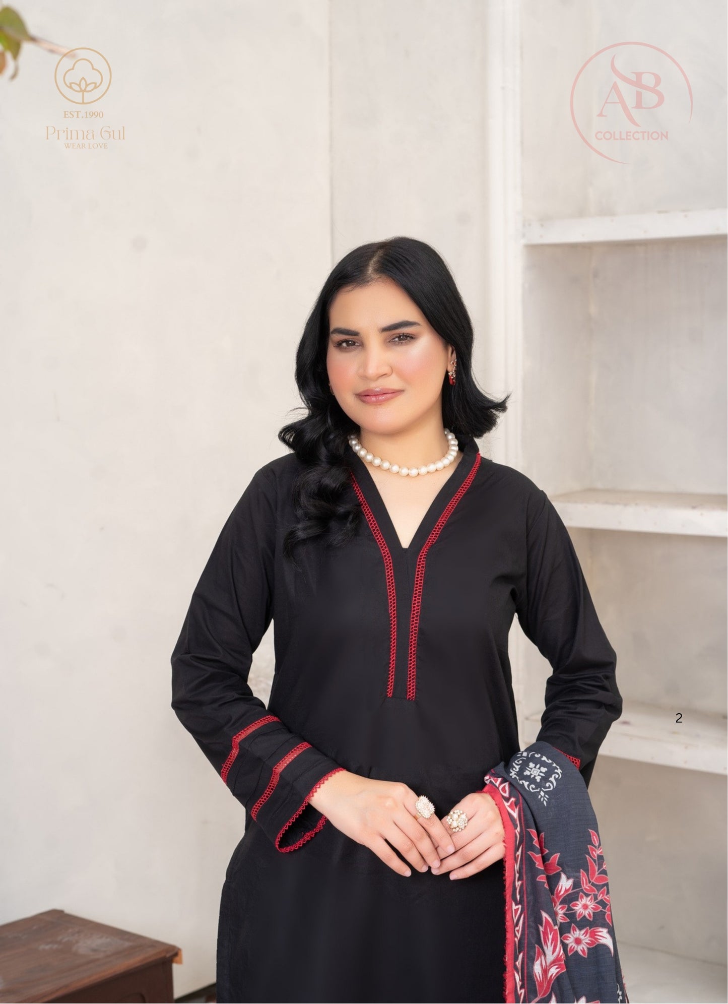Prima Gul Elegant Black Cambric 3-Piece Suit with Crimson Embroidery & Floral Dupatta
