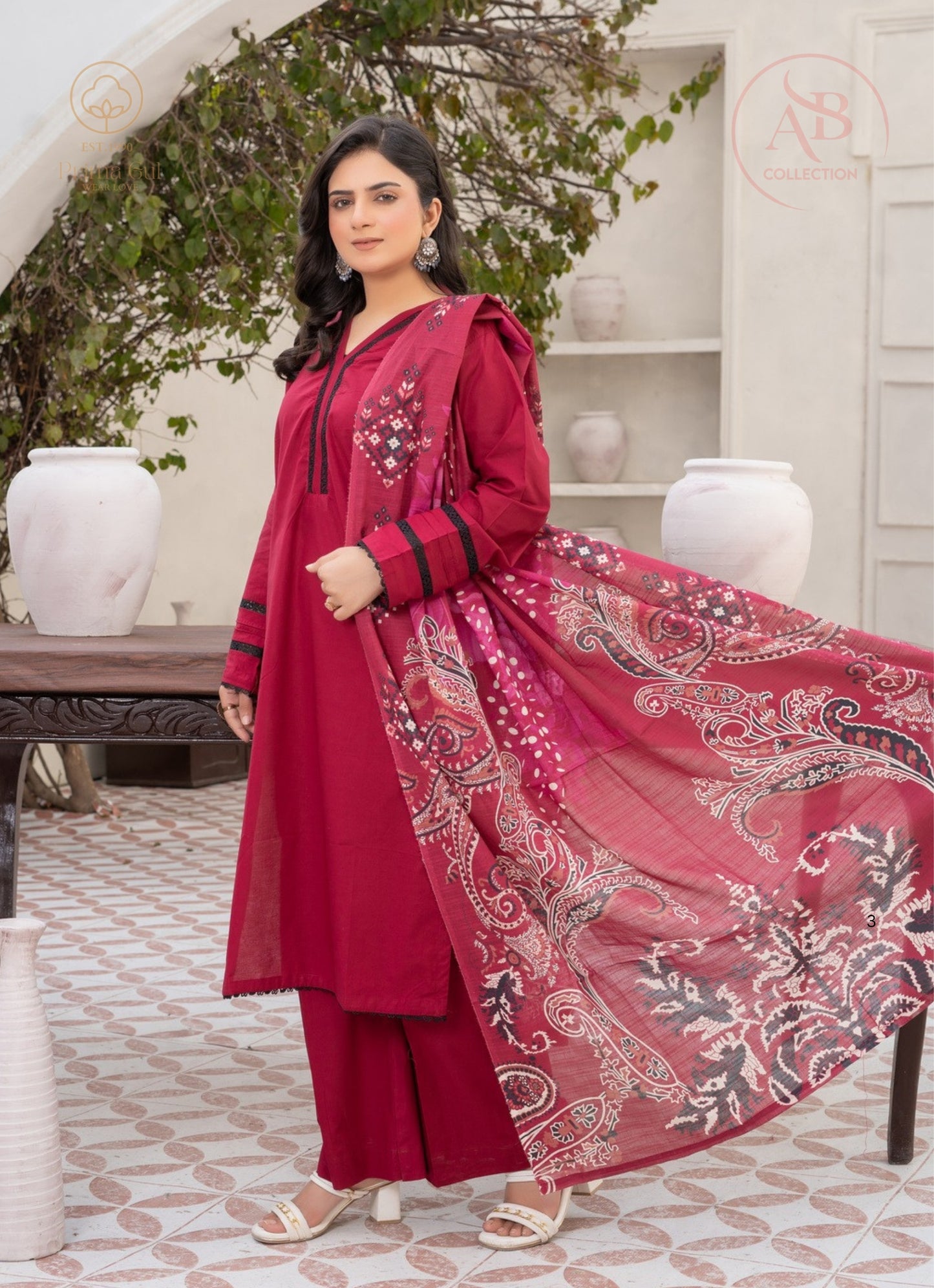 Prima Gul Rich Magenta Cambric 3-Piece Suit with Black Contrast Embroidery & Paisley Dupatta