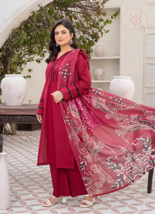 Prima Gul Rich Magenta Cambric 3-Piece Suit with Black Contrast Embroidery & Paisley Dupatta
