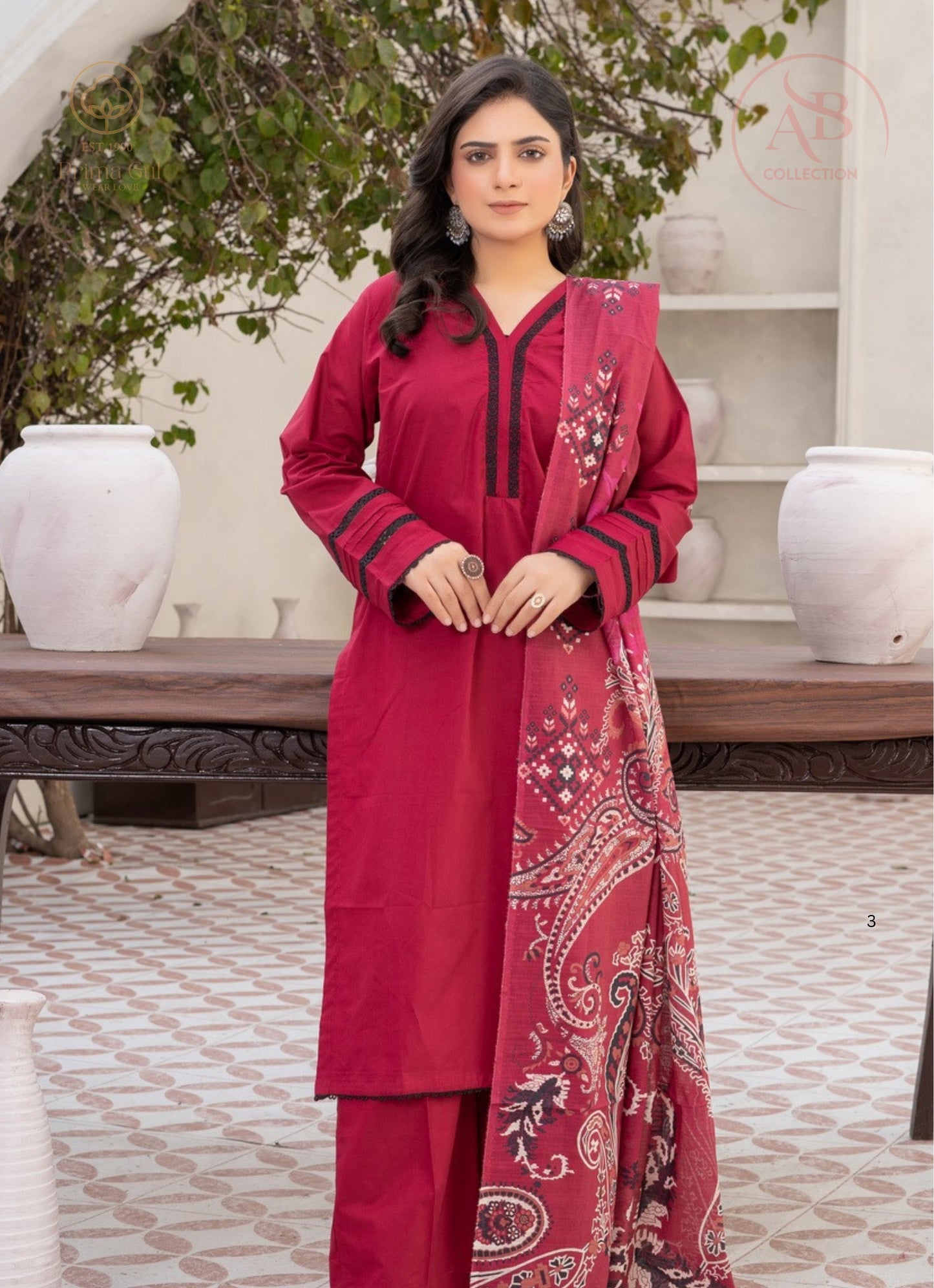 Prima Gul Rich Magenta Cambric 3-Piece Suit with Black Contrast Embroidery & Paisley Dupatta