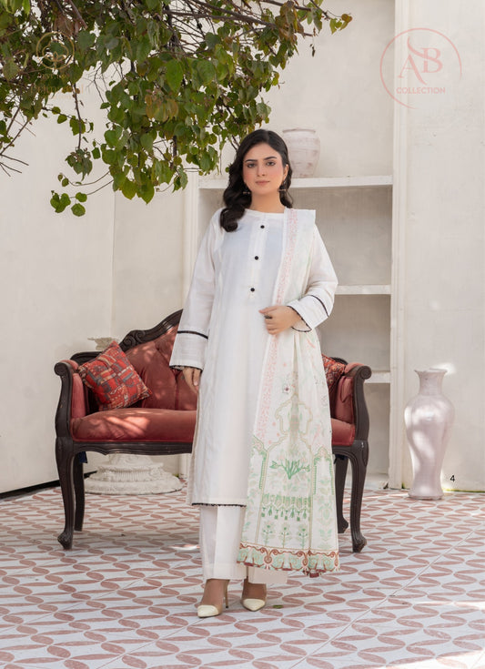 Prima Gul Graceful Ivory 3-Piece Cambric Suit with Contrast Button Detailing & Pastel Floral Dupatta